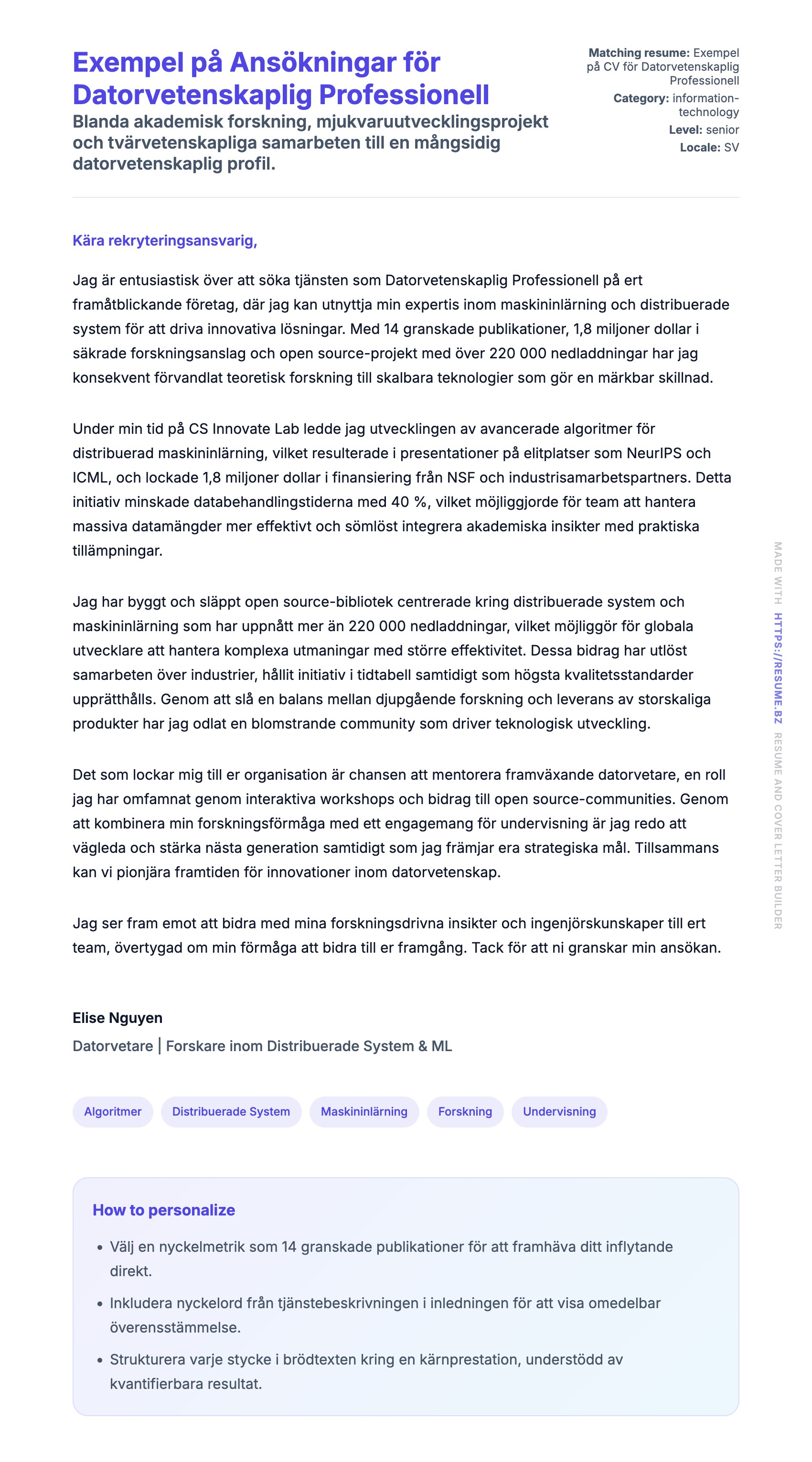 Förhandsgranskning av motivationsbrev för Exempel på Ansökningar för Datorvetenskaplig Professionell