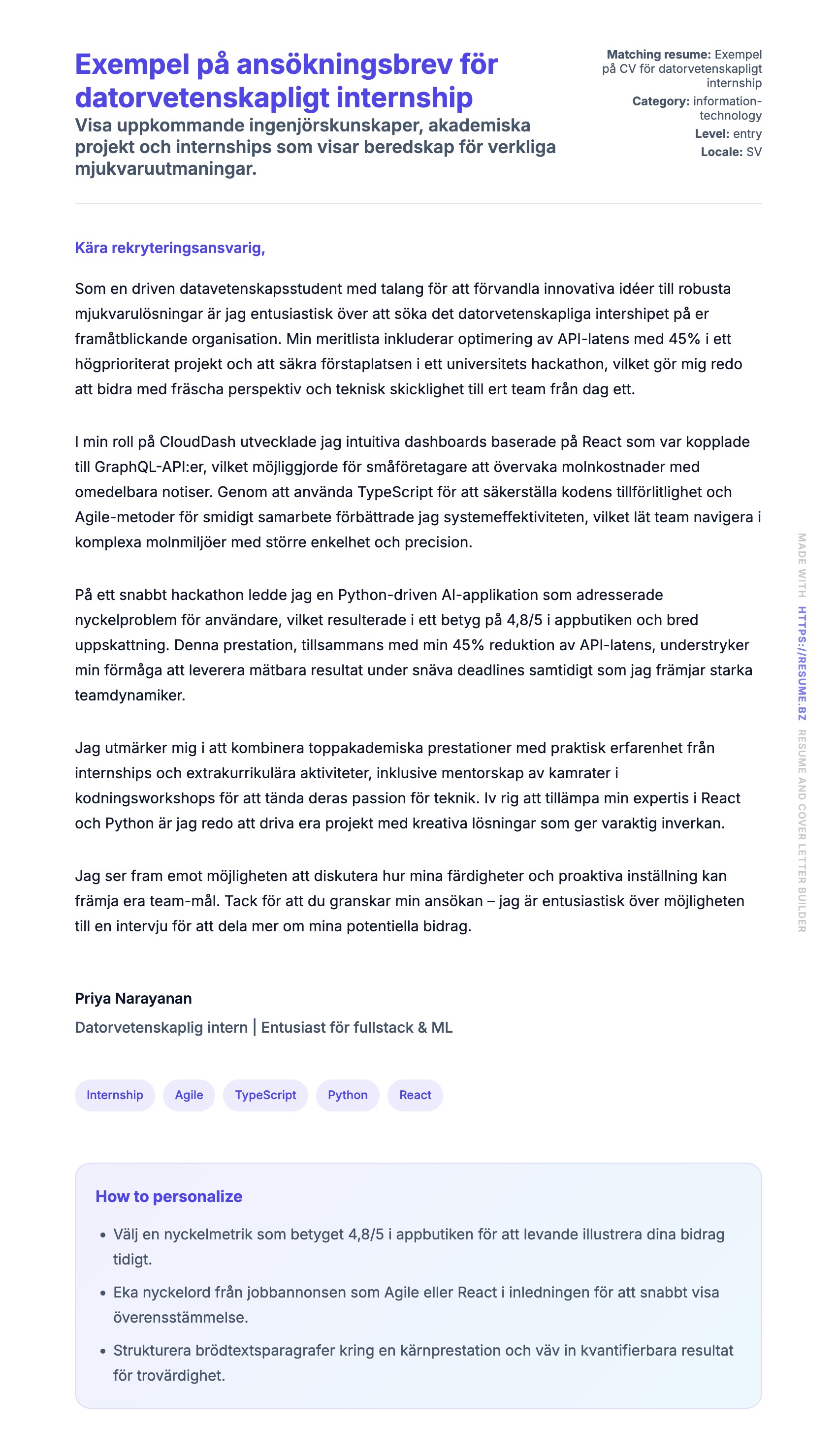 Förhandsgranskning av motivationsbrev för Exempel på ansökningsbrev för datorvetenskapligt internship