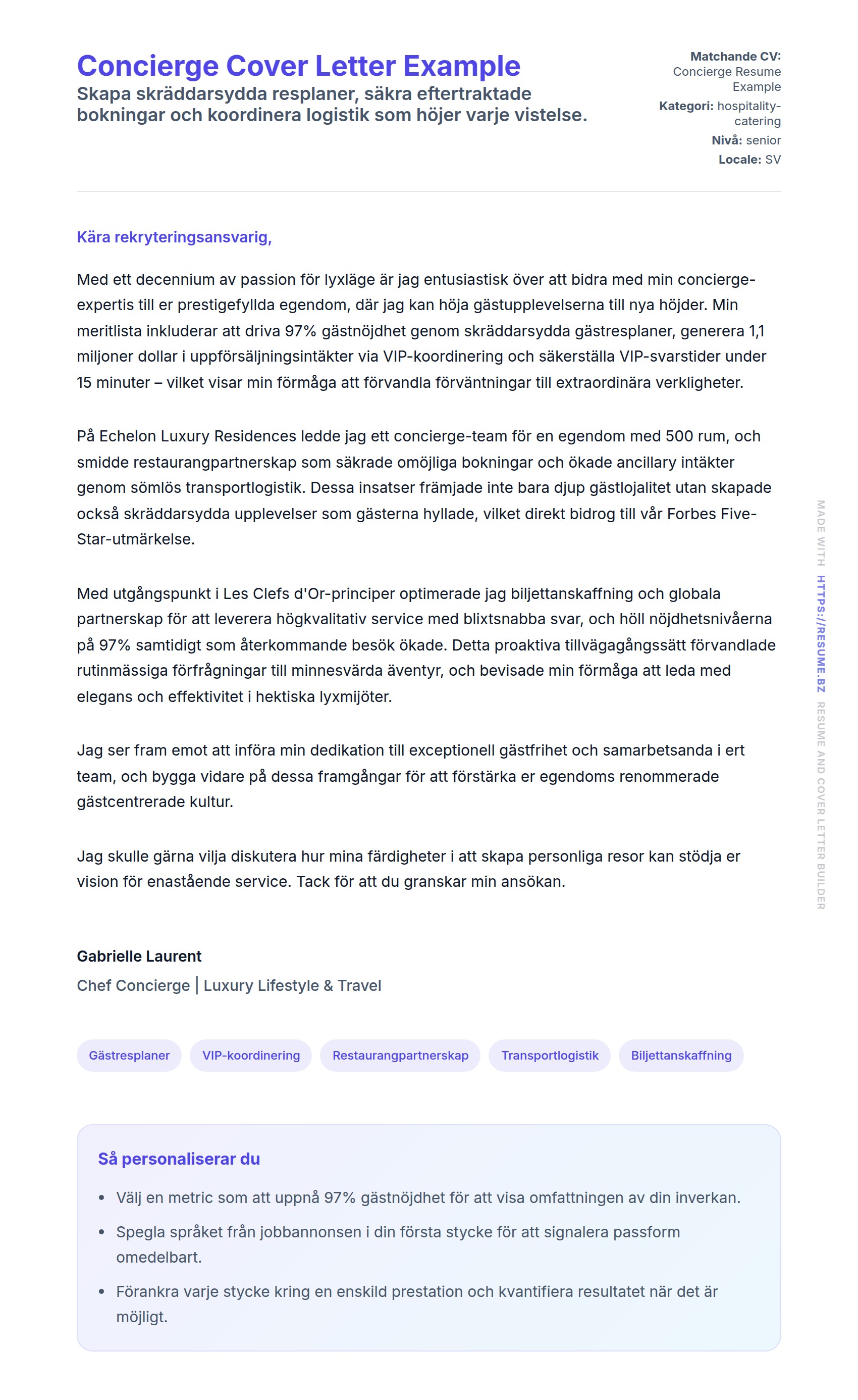 Förhandsgranskning av motivationsbrev för Concierge Cover Letter Example
