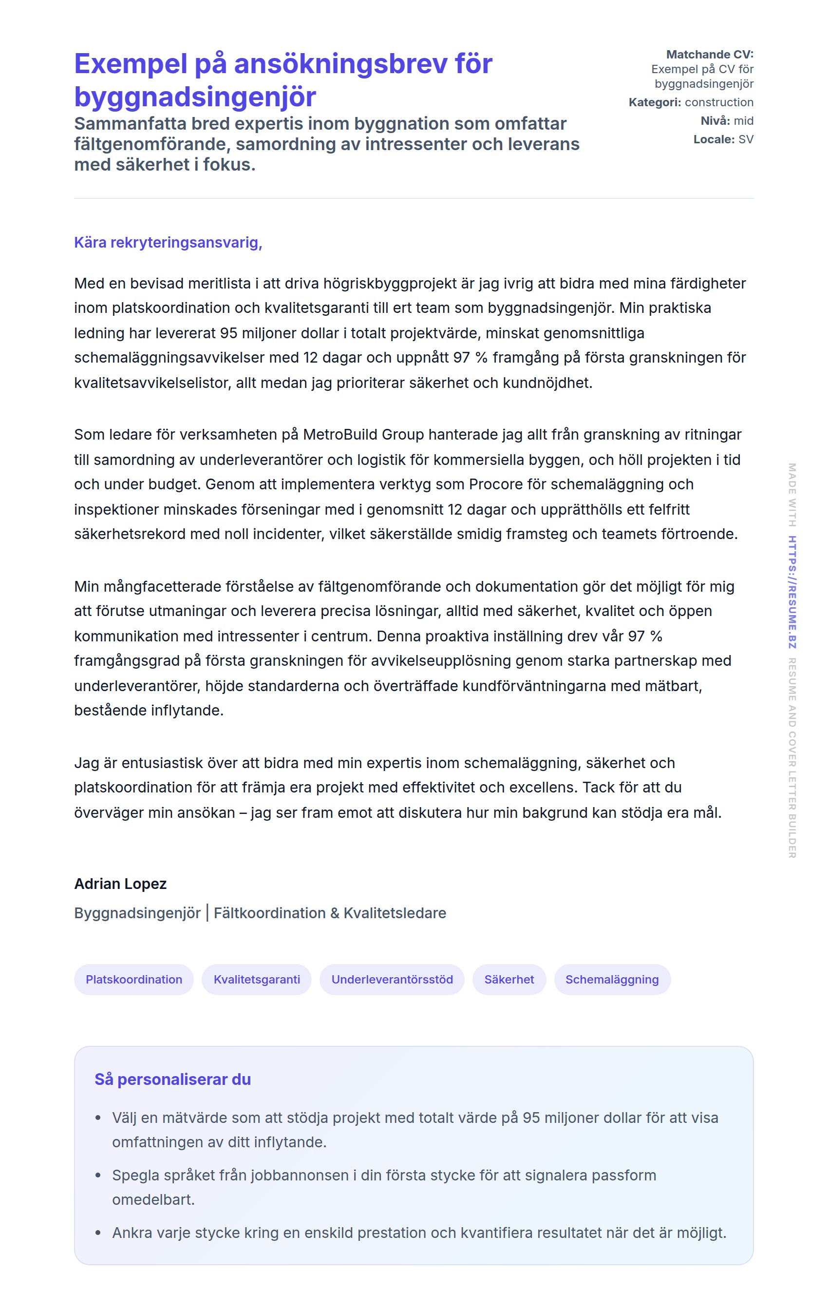 Förhandsgranskning av motivationsbrev för Exempel på ansökningsbrev för byggnadsingenjör