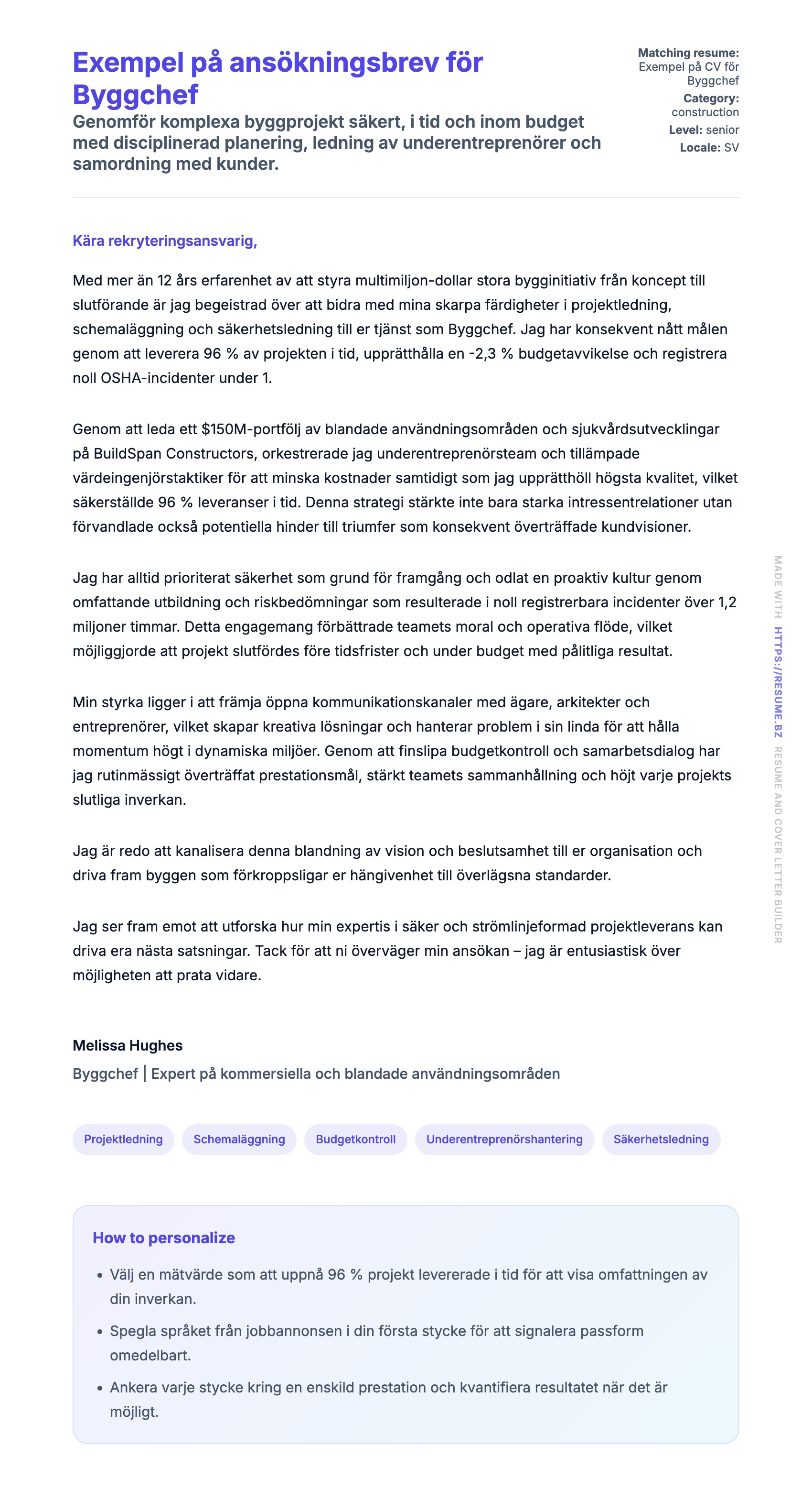 Förhandsgranskning av motivationsbrev för Exempel på ansökningsbrev för Byggchef
