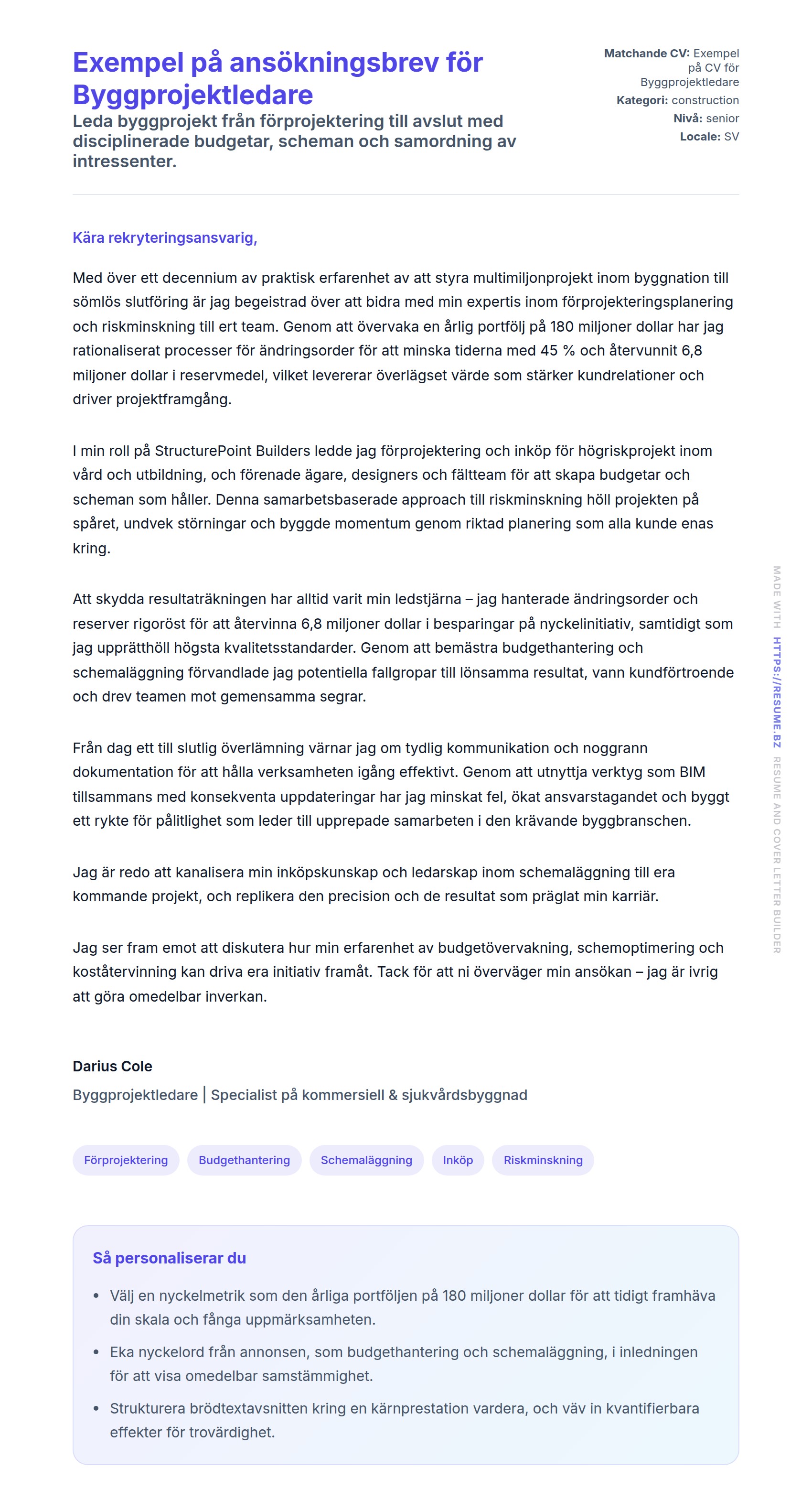 Förhandsgranskning av motivationsbrev för Exempel på ansökningsbrev för Byggprojektledare