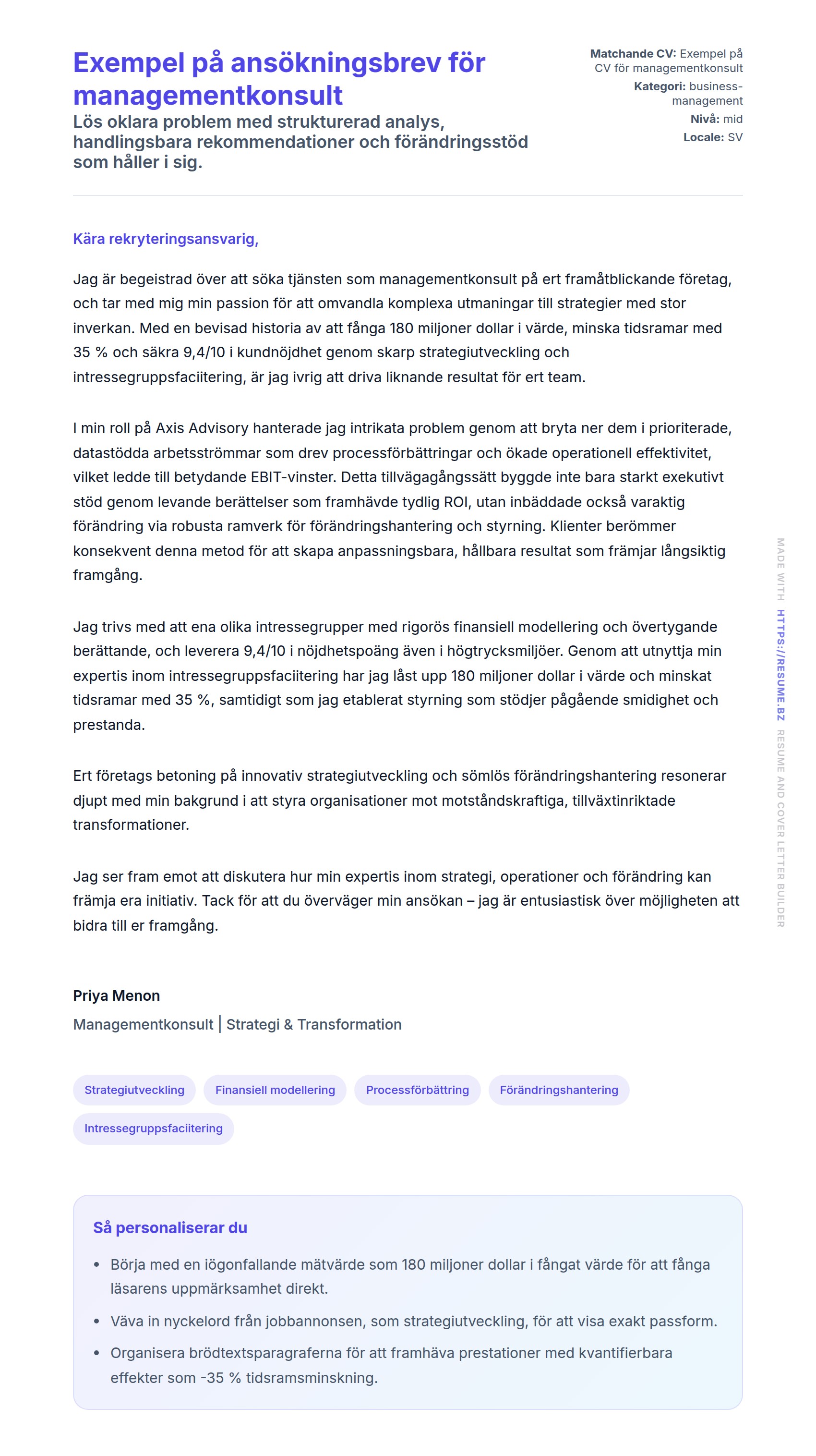 Förhandsgranskning av motivationsbrev för Exempel på ansökningsbrev för managementkonsult