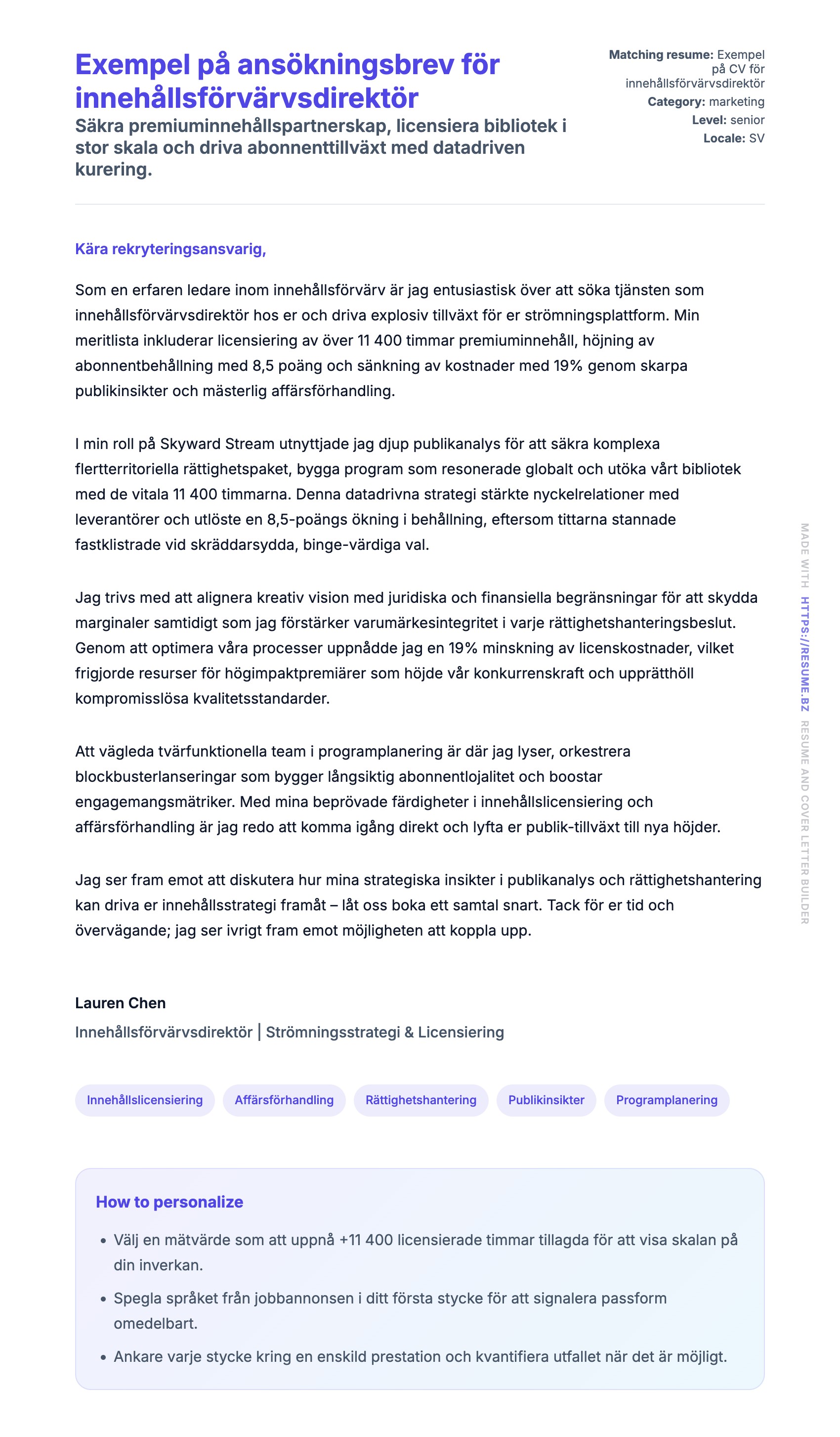 Förhandsgranskning av motivationsbrev för Exempel på ansökningsbrev för innehållsförvärvsdirektör
