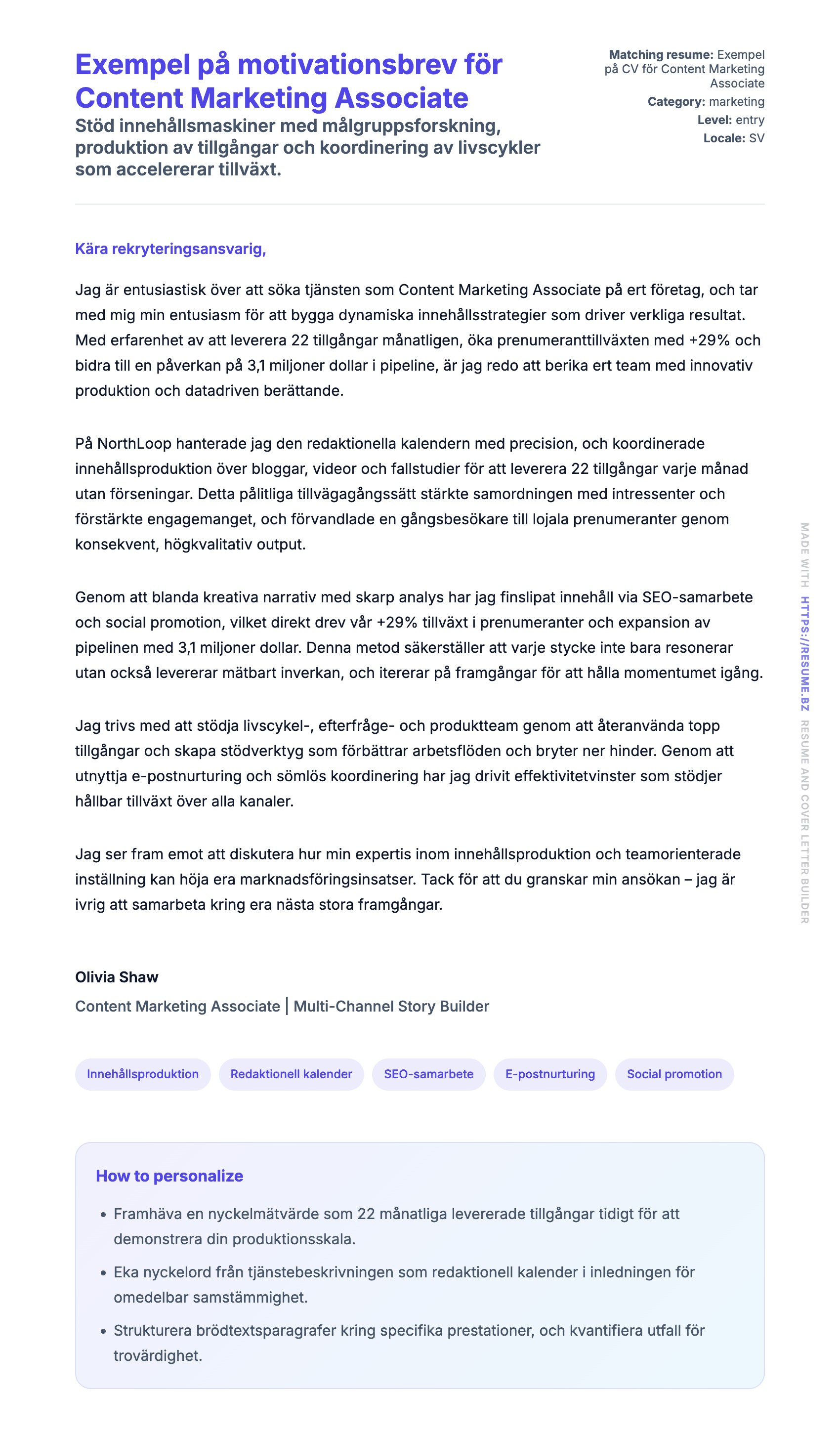 Förhandsgranskning av motivationsbrev för Exempel på motivationsbrev för Content Marketing Associate