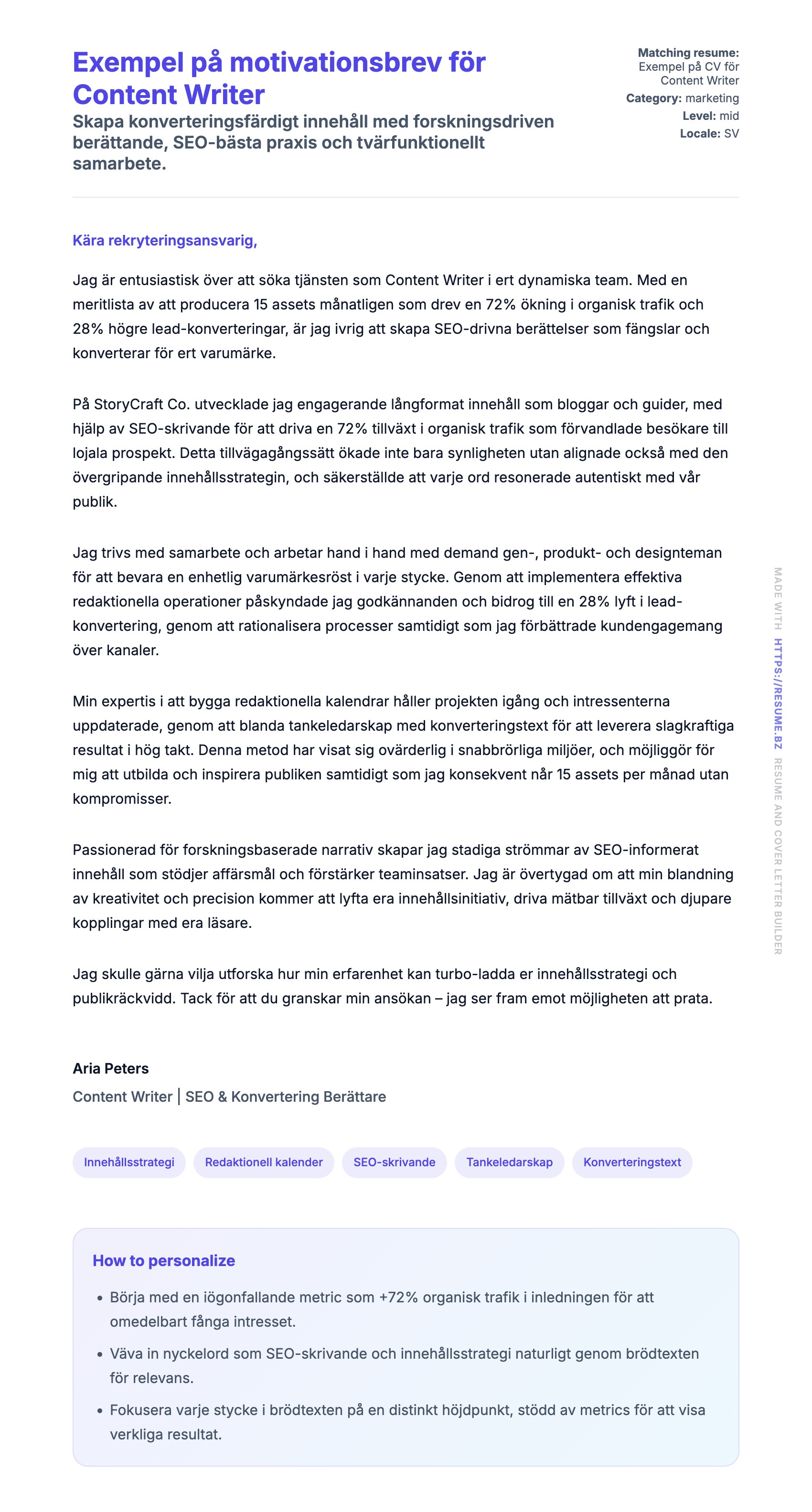 Förhandsgranskning av motivationsbrev för Exempel på motivationsbrev för Content Writer
