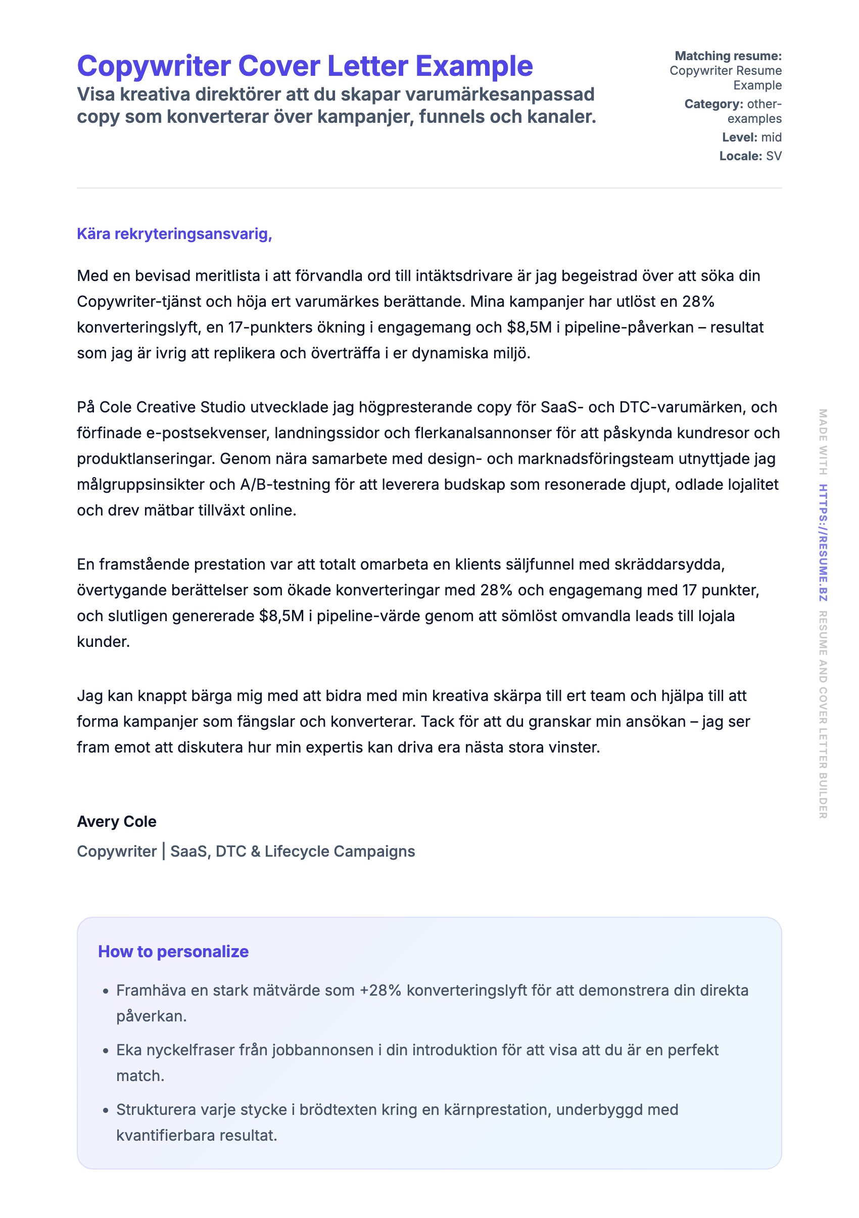Förhandsgranskning av motivationsbrev för Copywriter Cover Letter Example