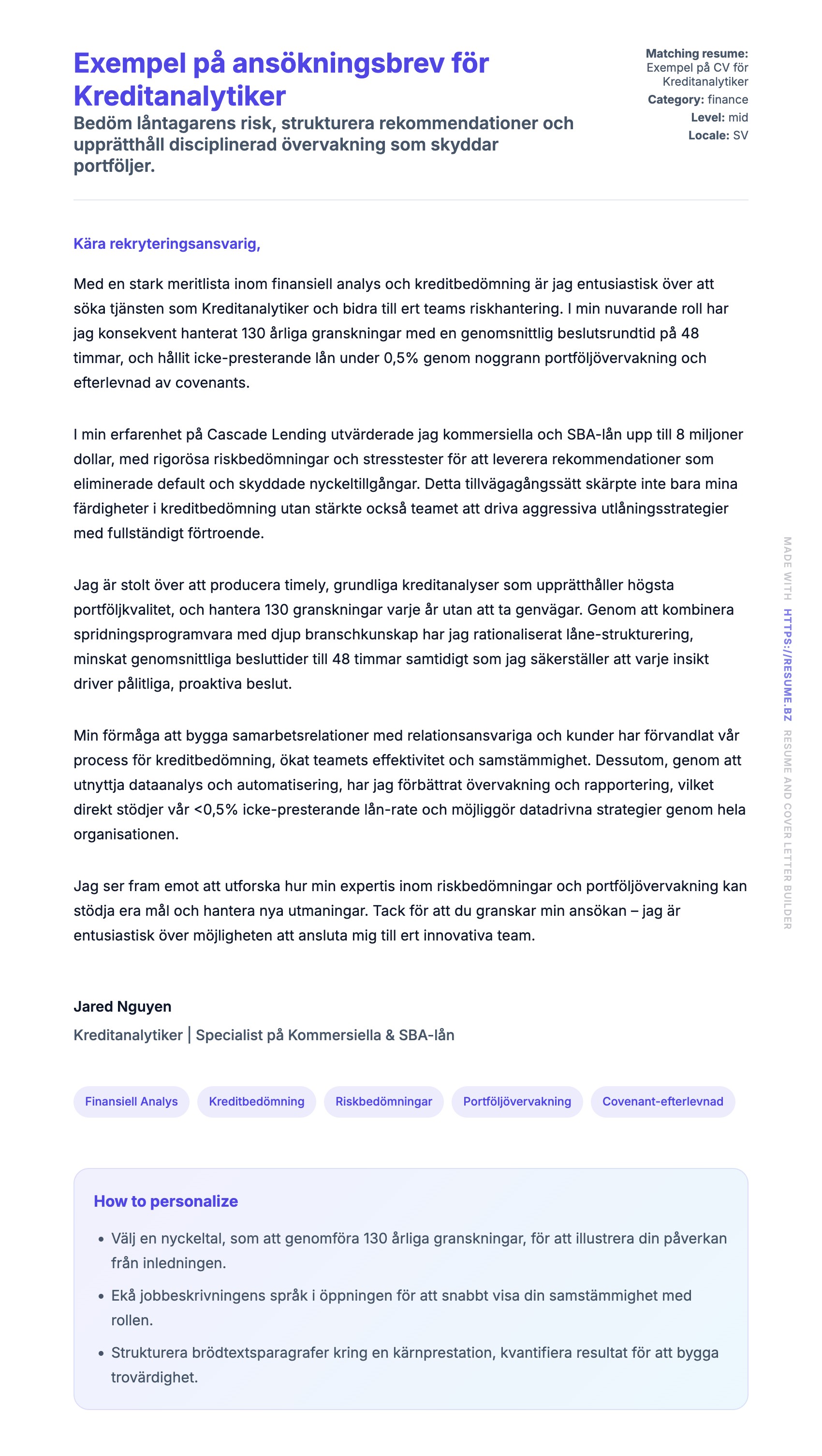Förhandsgranskning av motivationsbrev för Exempel på ansökningsbrev för Kreditanalytiker