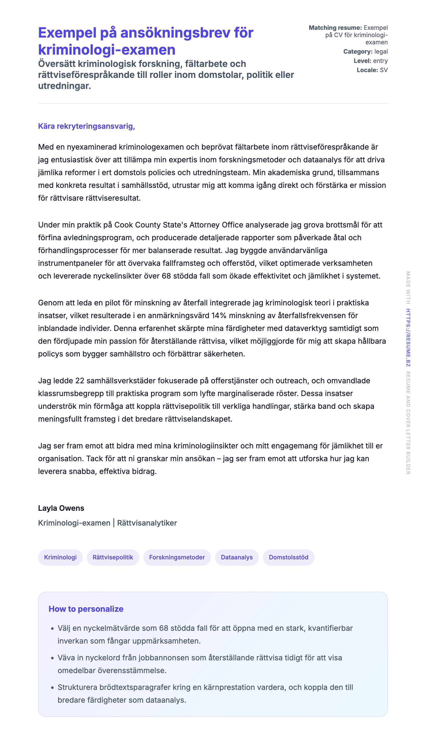Förhandsgranskning av motivationsbrev för Exempel på ansökningsbrev för kriminologi-examen