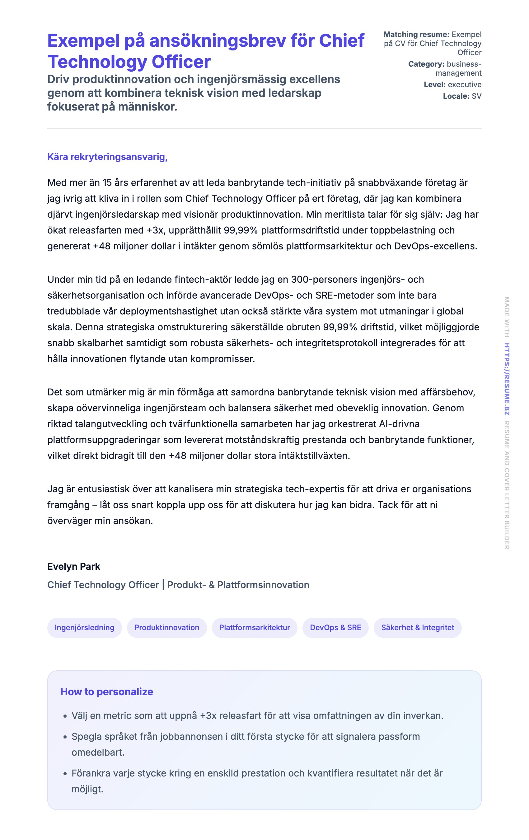 Förhandsgranskning av motivationsbrev för Exempel på ansökningsbrev för Chief Technology Officer