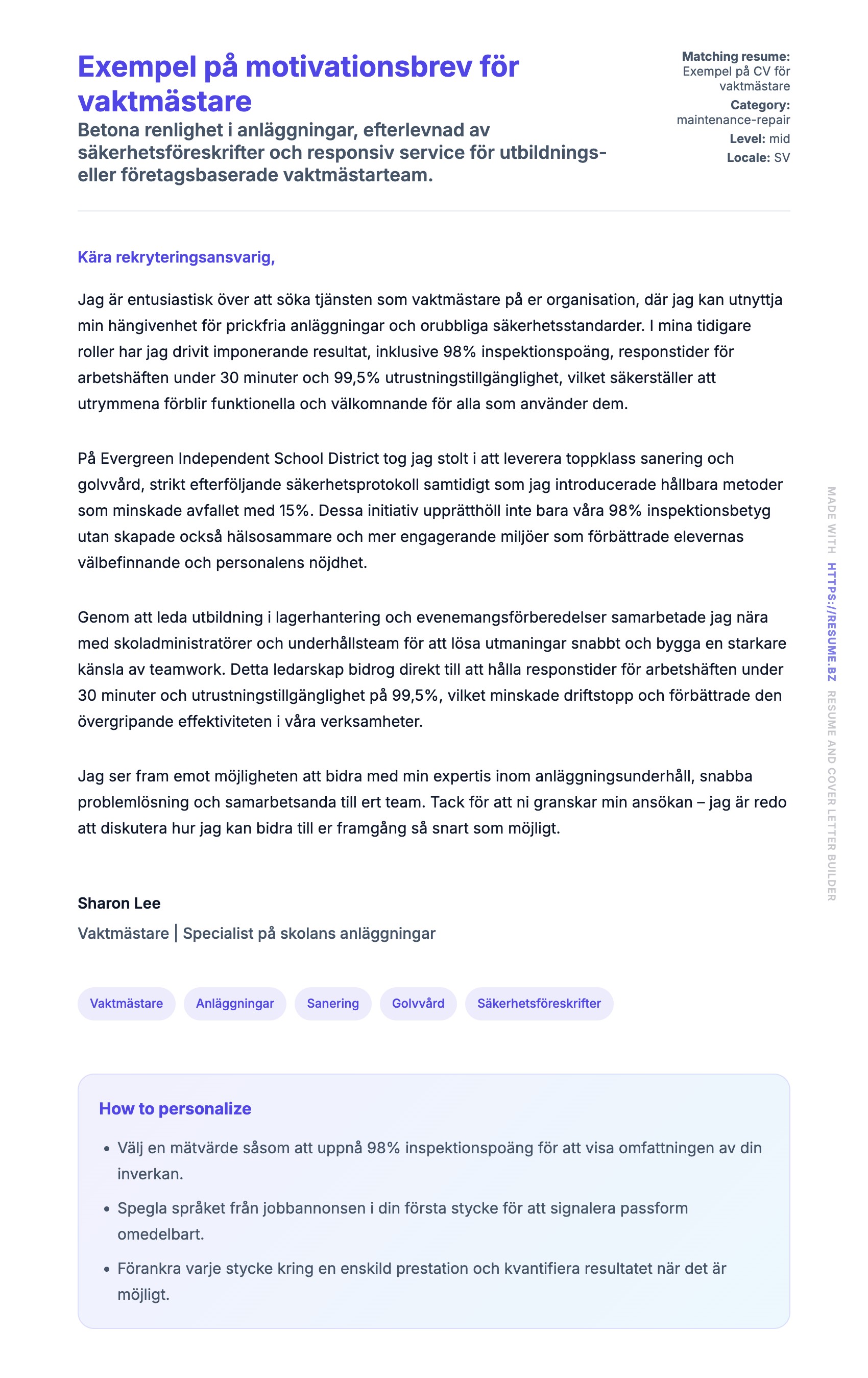 Förhandsgranskning av motivationsbrev för Exempel på motivationsbrev för vaktmästare