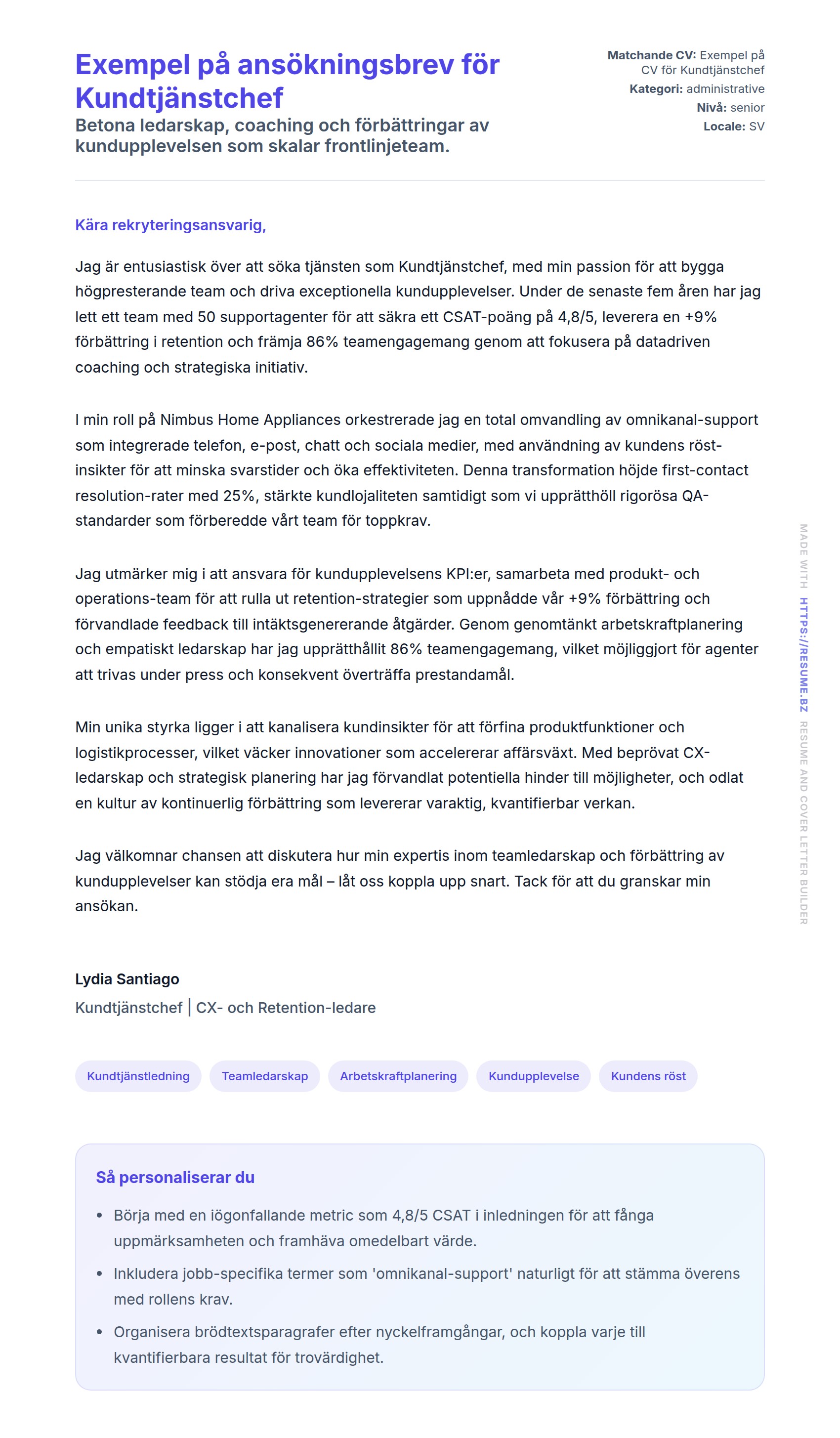 Förhandsgranskning av motivationsbrev för Exempel på ansökningsbrev för Kundtjänstchef