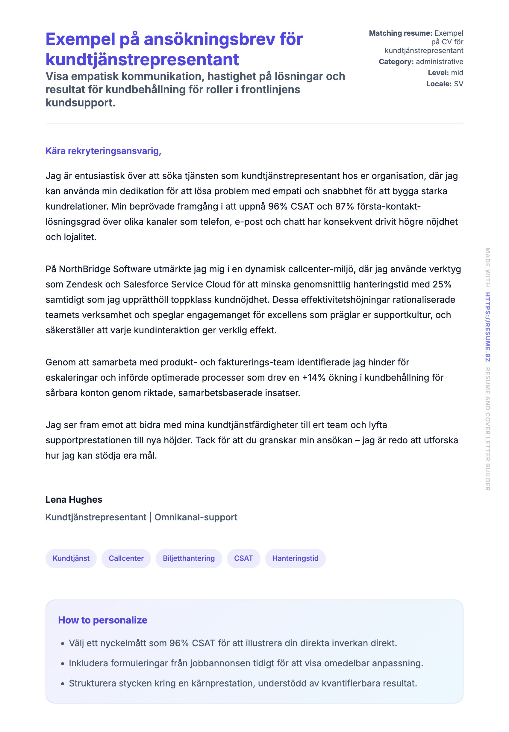 Förhandsgranskning av motivationsbrev för Exempel på ansökningsbrev för kundtjänstrepresentant