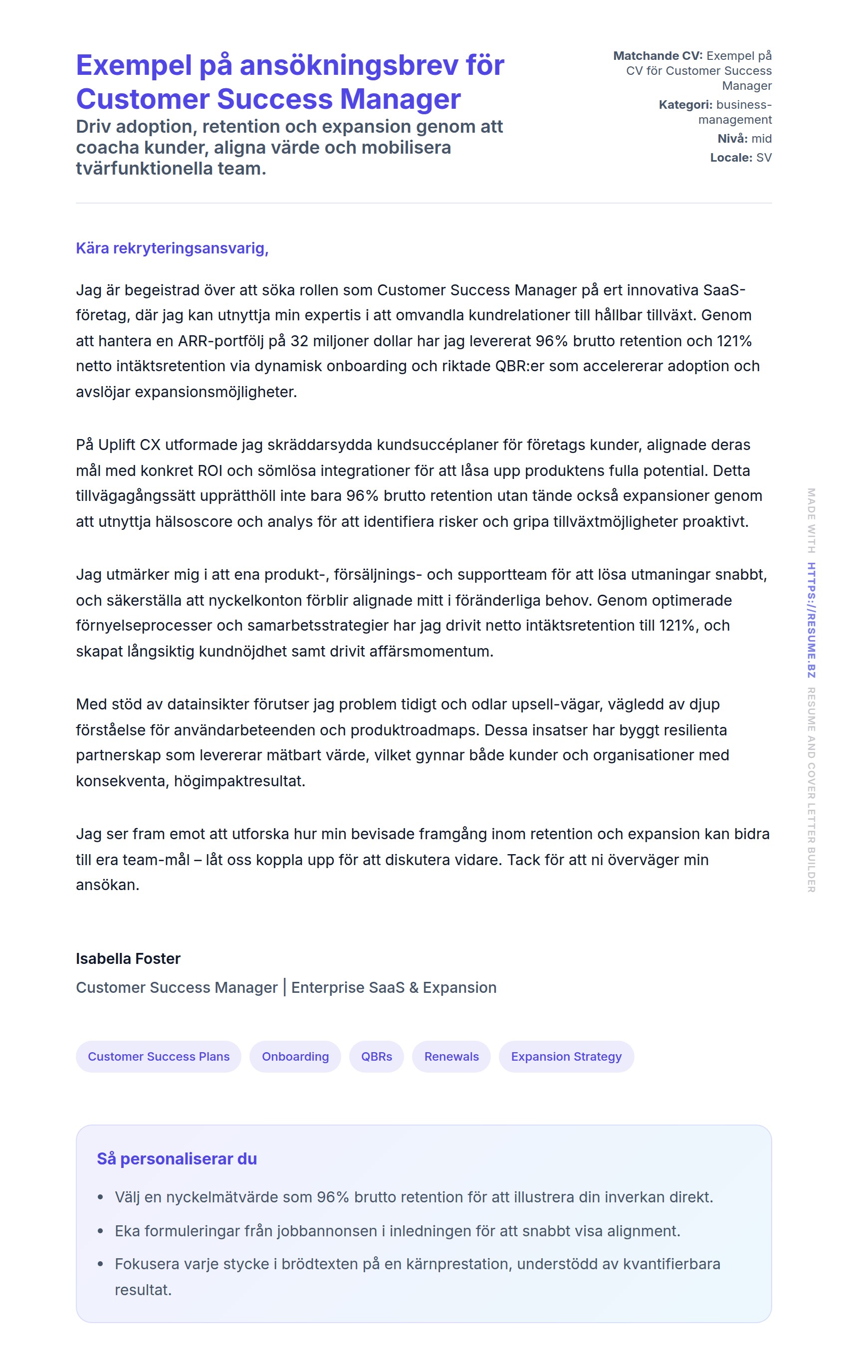 Förhandsgranskning av motivationsbrev för Exempel på ansökningsbrev för Customer Success Manager