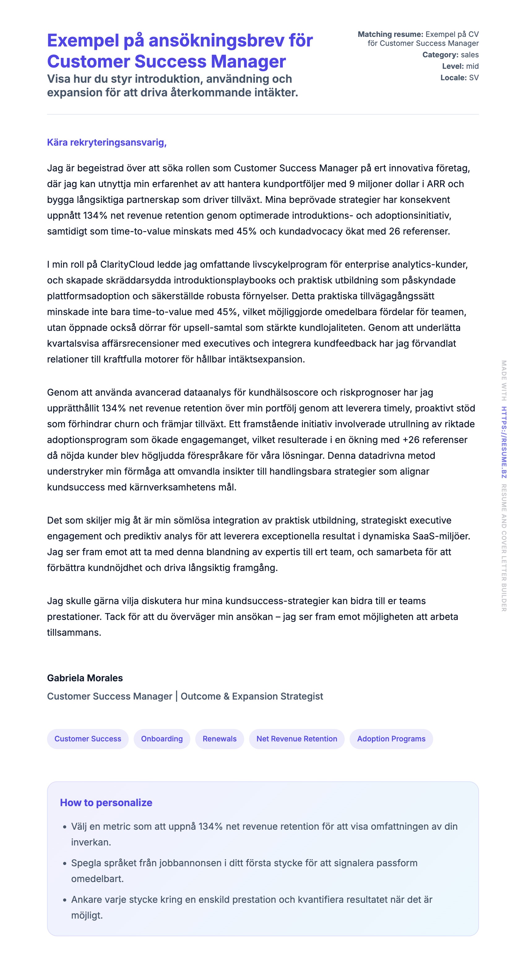 Förhandsgranskning av motivationsbrev för Exempel på ansökningsbrev för Customer Success Manager