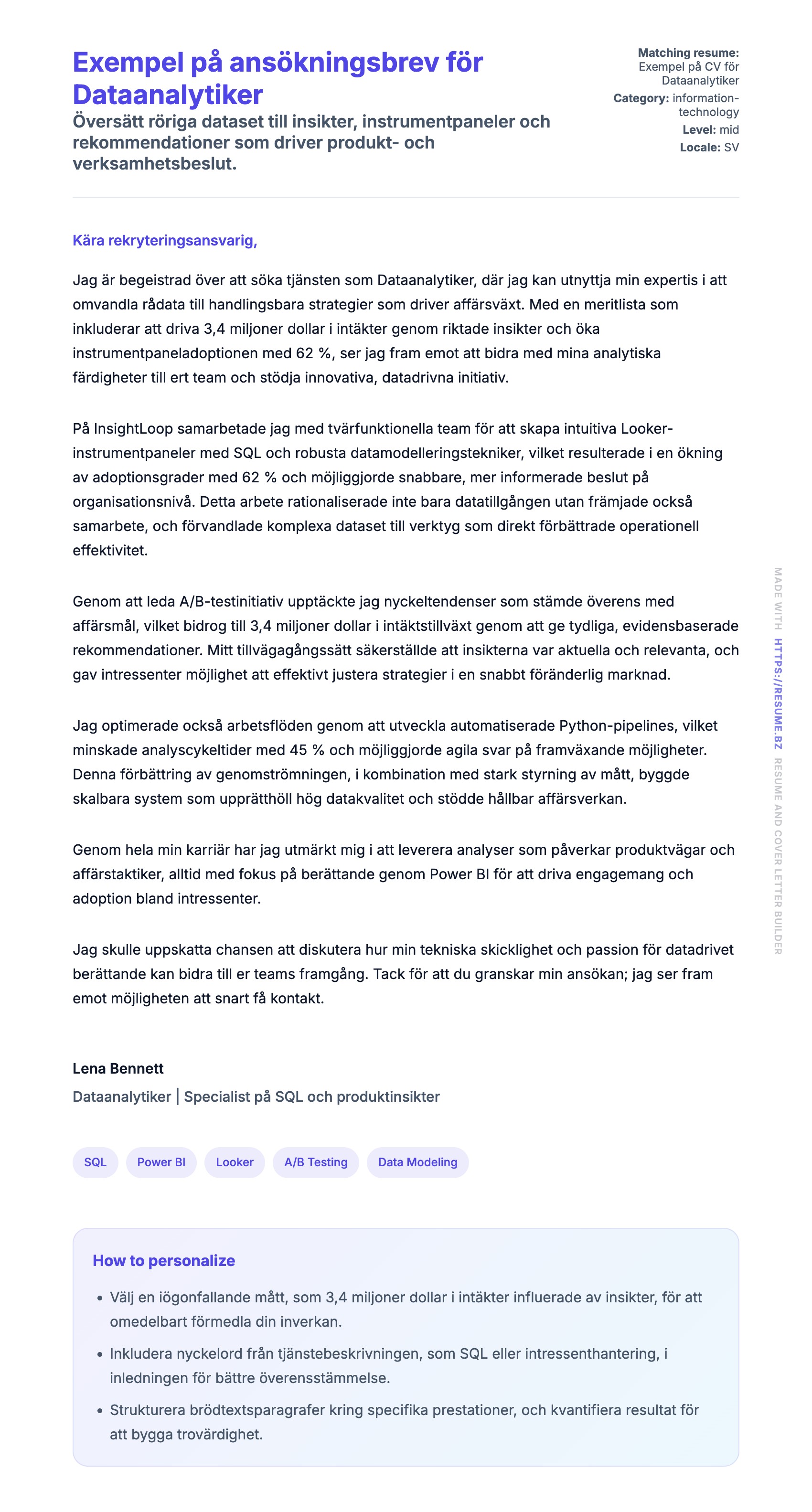 Förhandsgranskning av motivationsbrev för Exempel på ansökningsbrev för Dataanalytiker