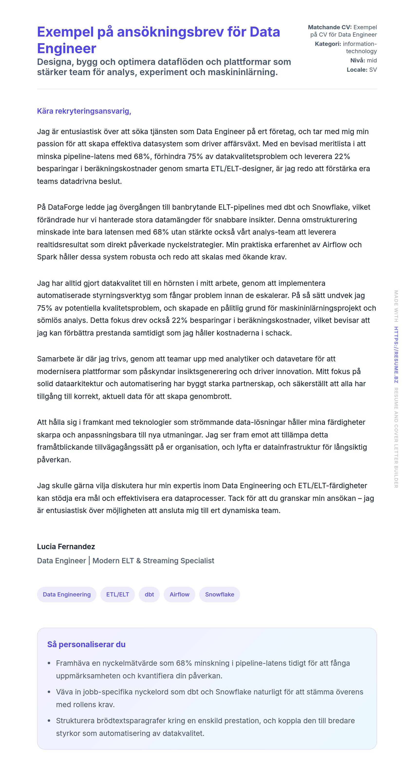 Förhandsgranskning av motivationsbrev för Exempel på ansökningsbrev för Data Engineer