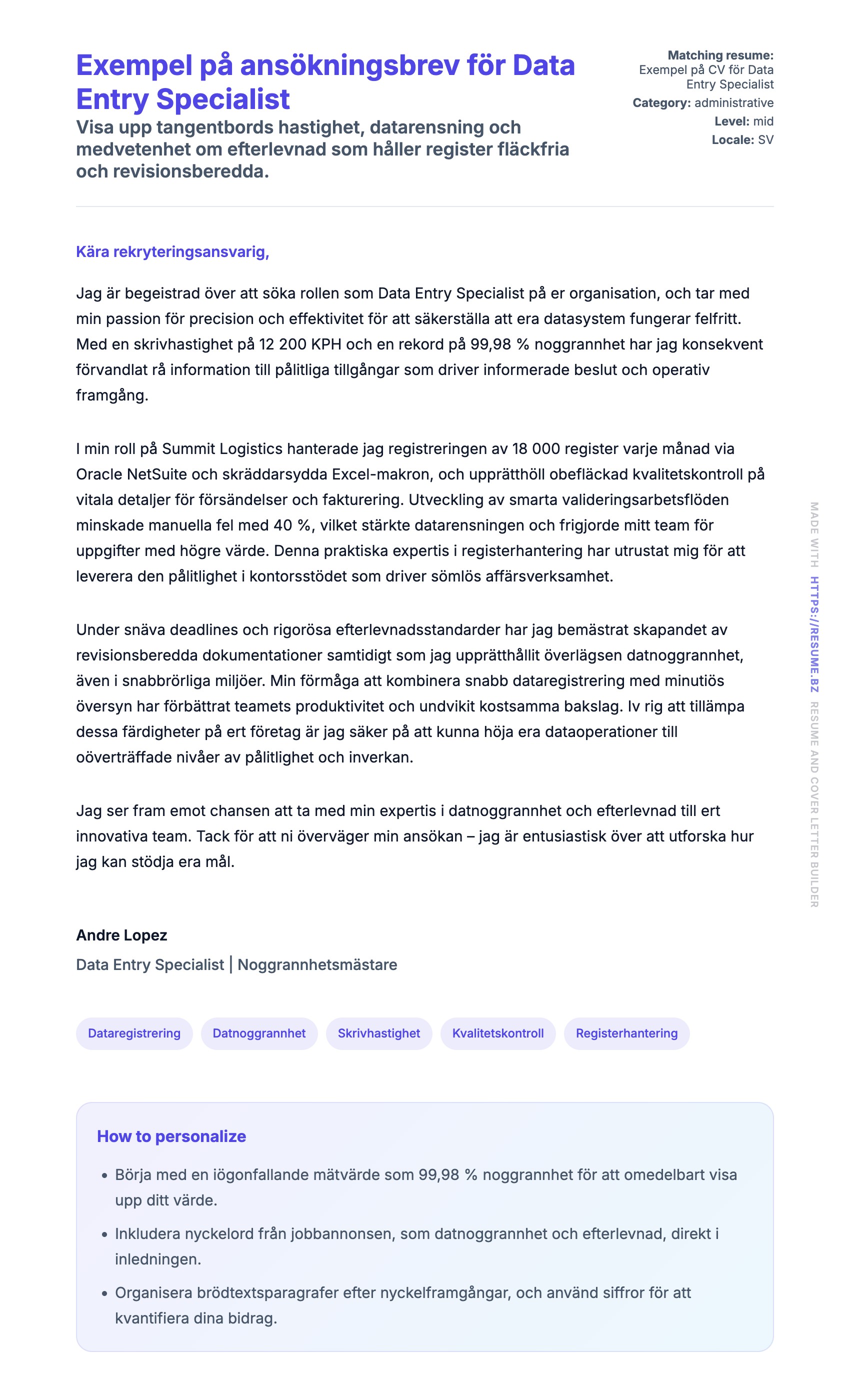 Förhandsgranskning av motivationsbrev för Exempel på ansökningsbrev för Data Entry Specialist
