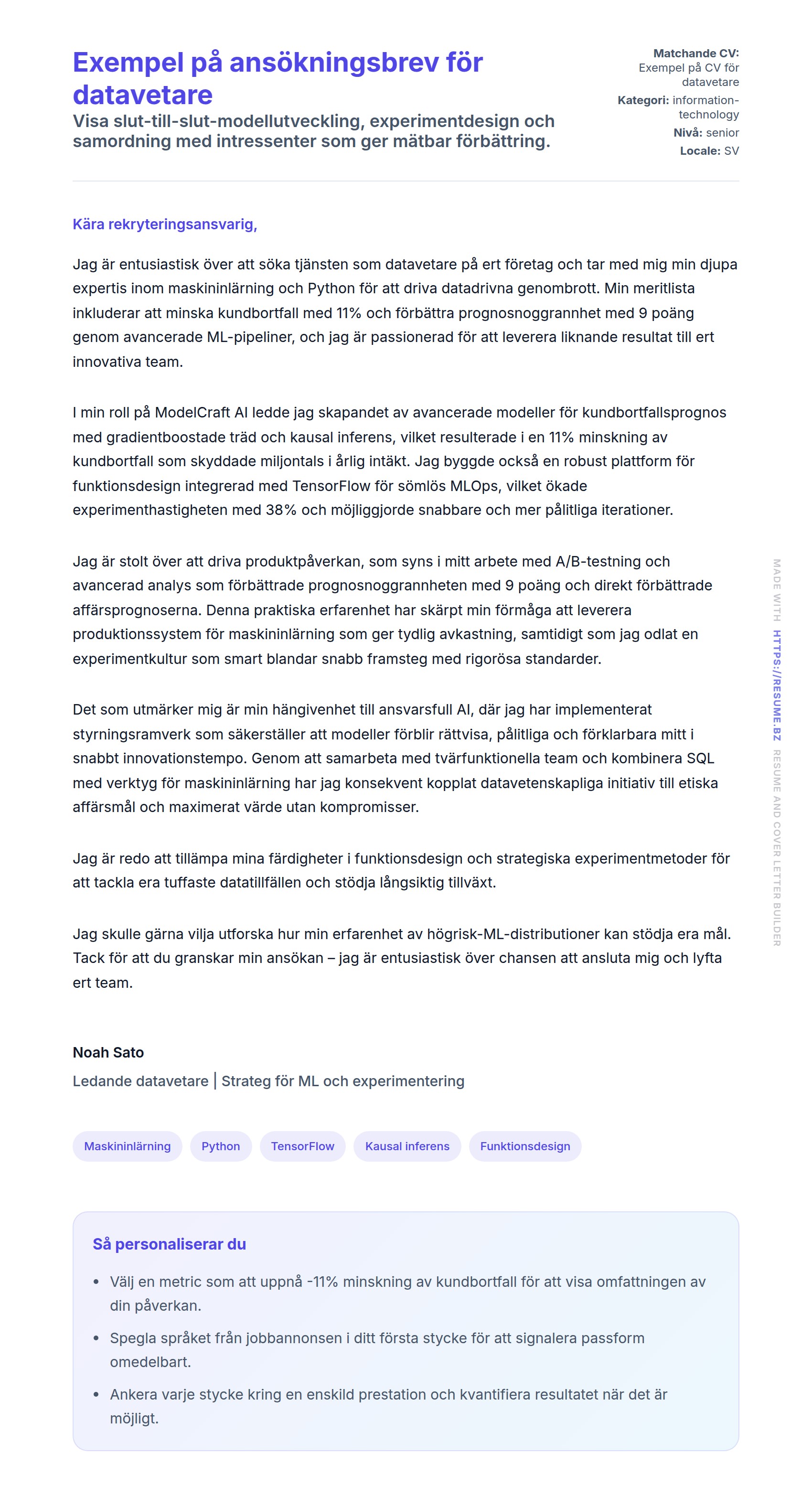 Förhandsgranskning av motivationsbrev för Exempel på ansökningsbrev för datavetare