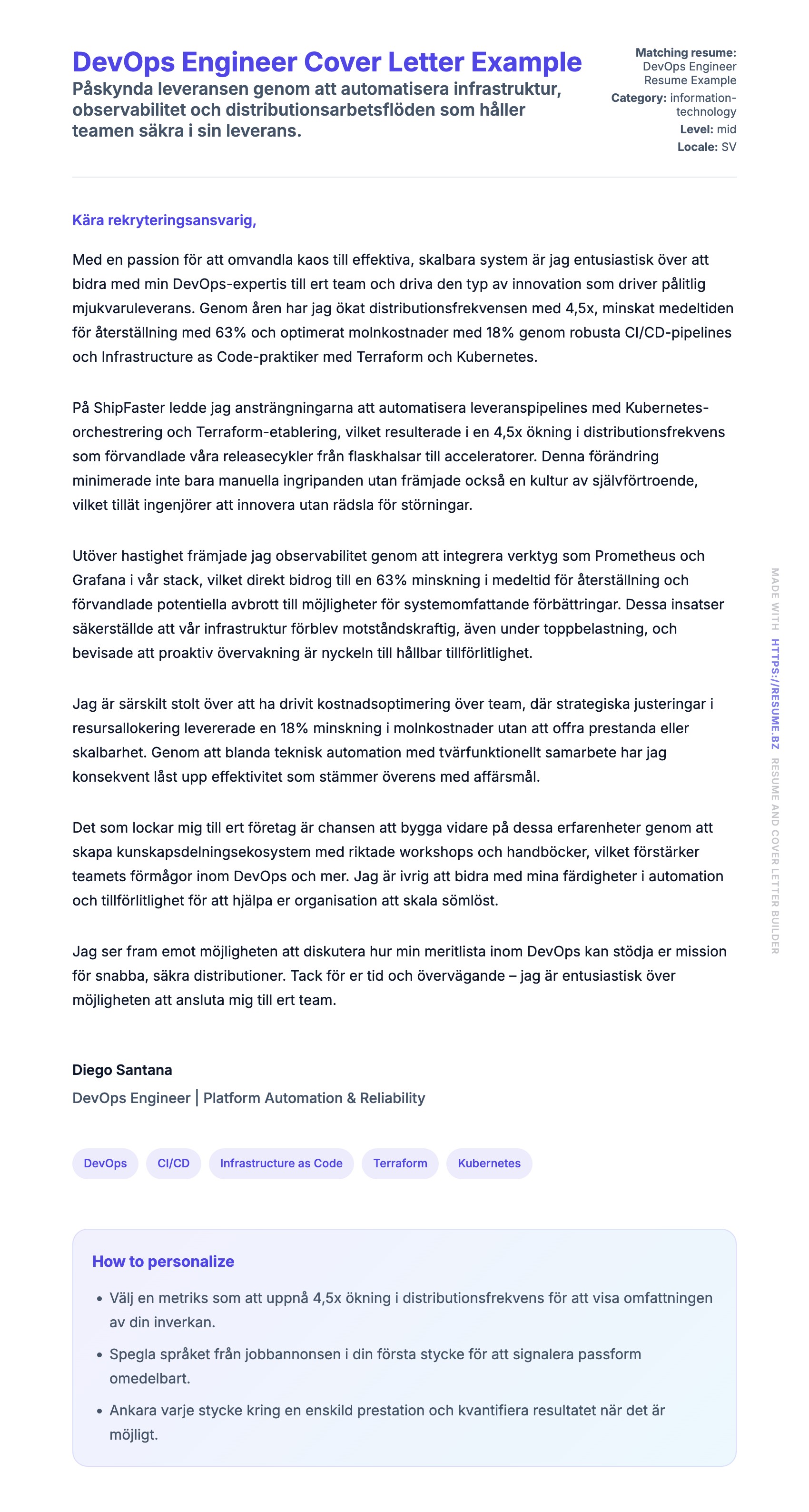 Förhandsgranskning av motivationsbrev för DevOps Engineer Cover Letter Example
