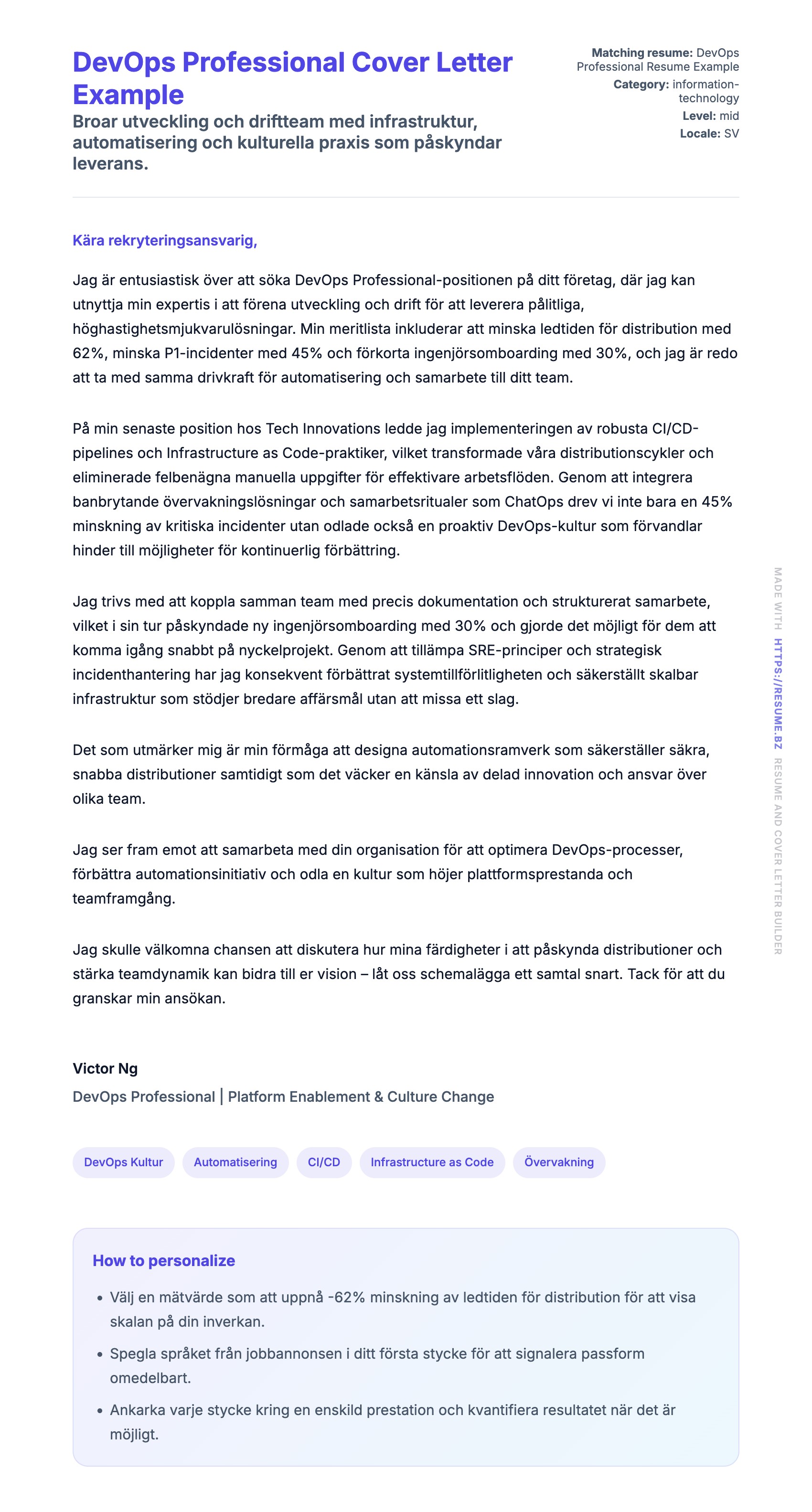 Förhandsgranskning av motivationsbrev för DevOps Professional Cover Letter Example