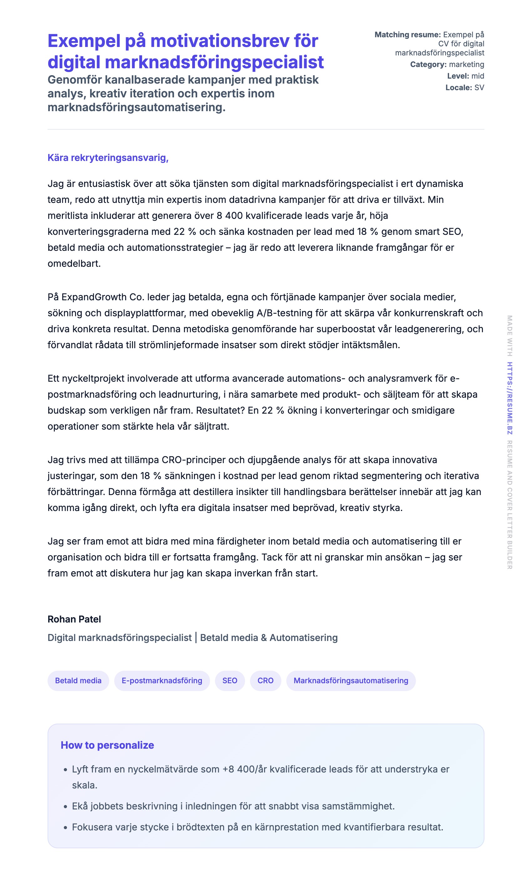 Förhandsgranskning av motivationsbrev för Exempel på motivationsbrev för digital marknadsföringspecialist