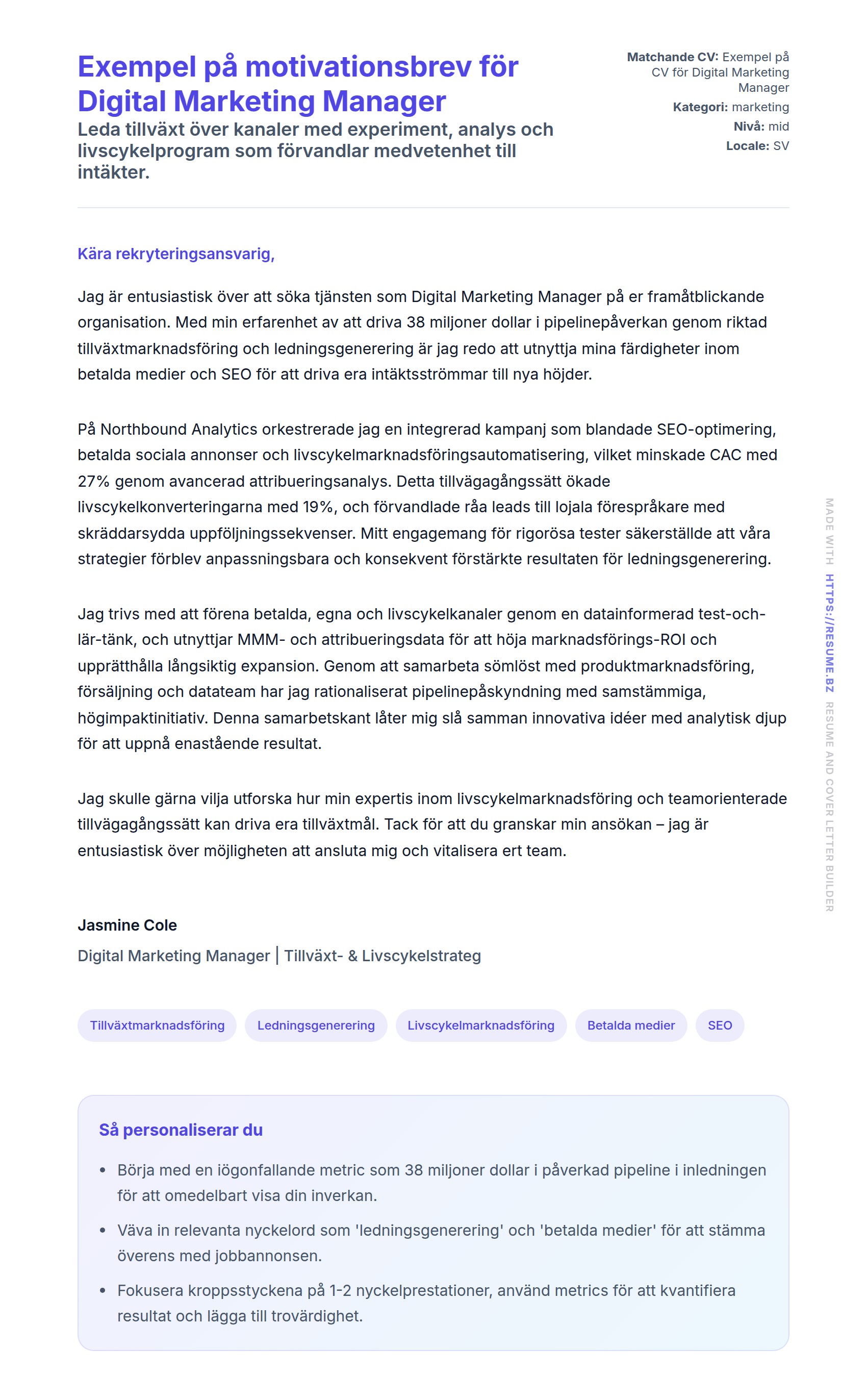 Förhandsgranskning av motivationsbrev för Exempel på motivationsbrev för Digital Marketing Manager