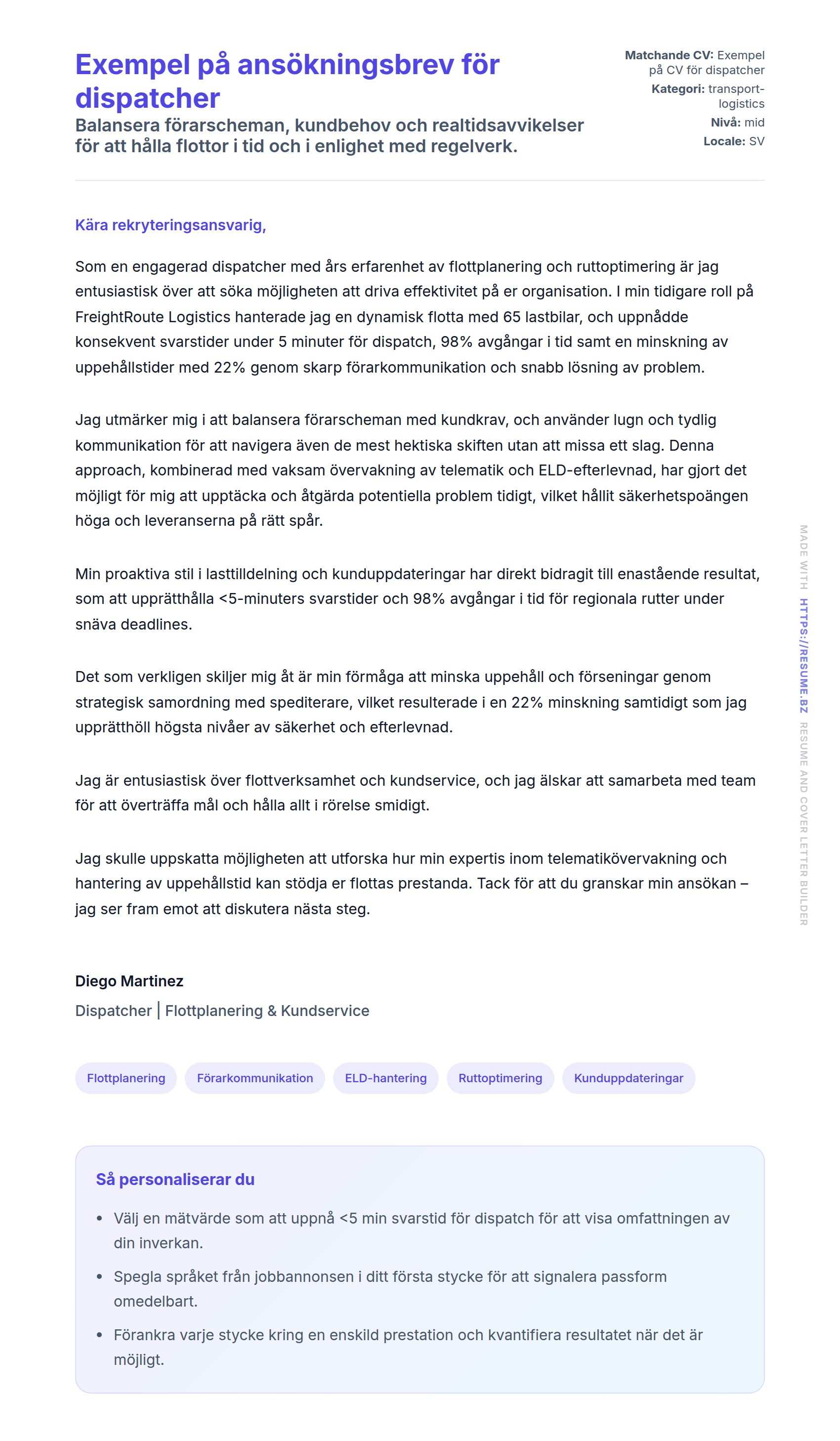 Förhandsgranskning av motivationsbrev för Exempel på ansökningsbrev för dispatcher