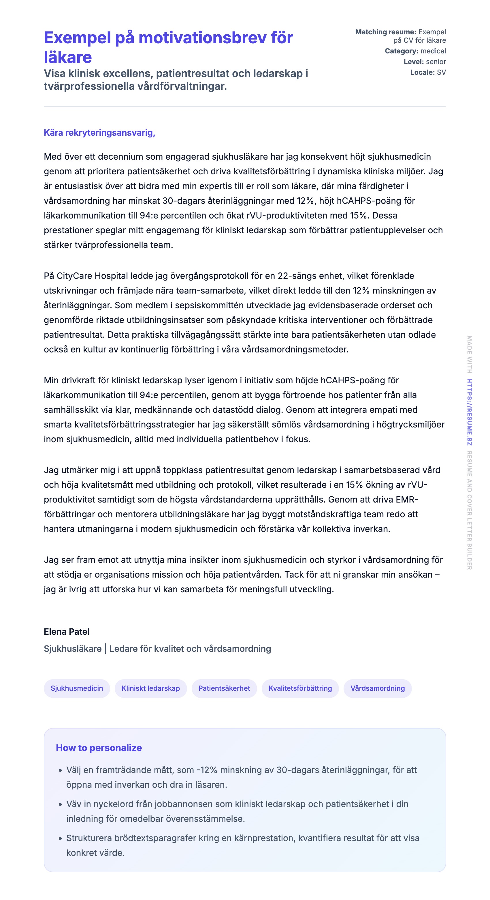 Förhandsgranskning av motivationsbrev för Exempel på motivationsbrev för läkare