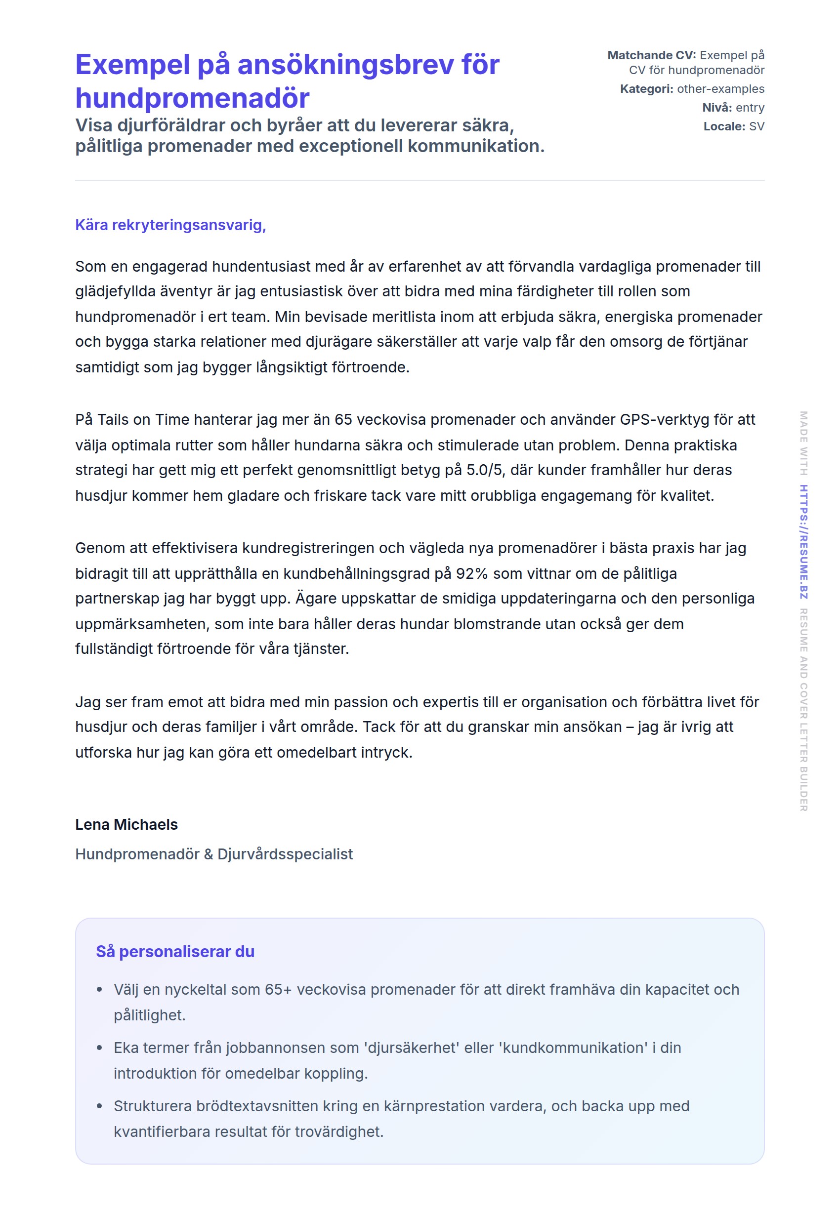 Förhandsgranskning av motivationsbrev för Exempel på ansökningsbrev för hundpromenadör