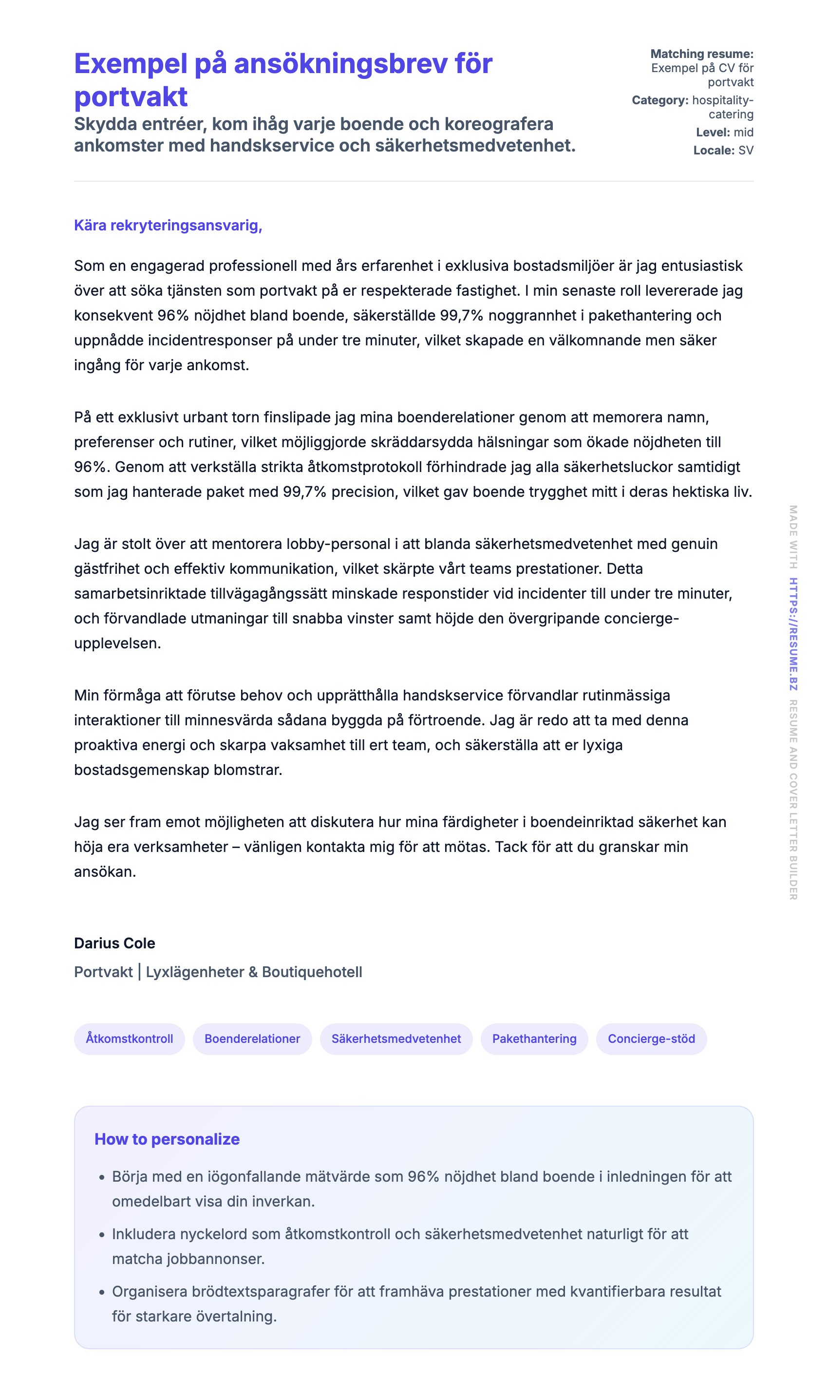 Förhandsgranskning av motivationsbrev för Exempel på ansökningsbrev för portvakt