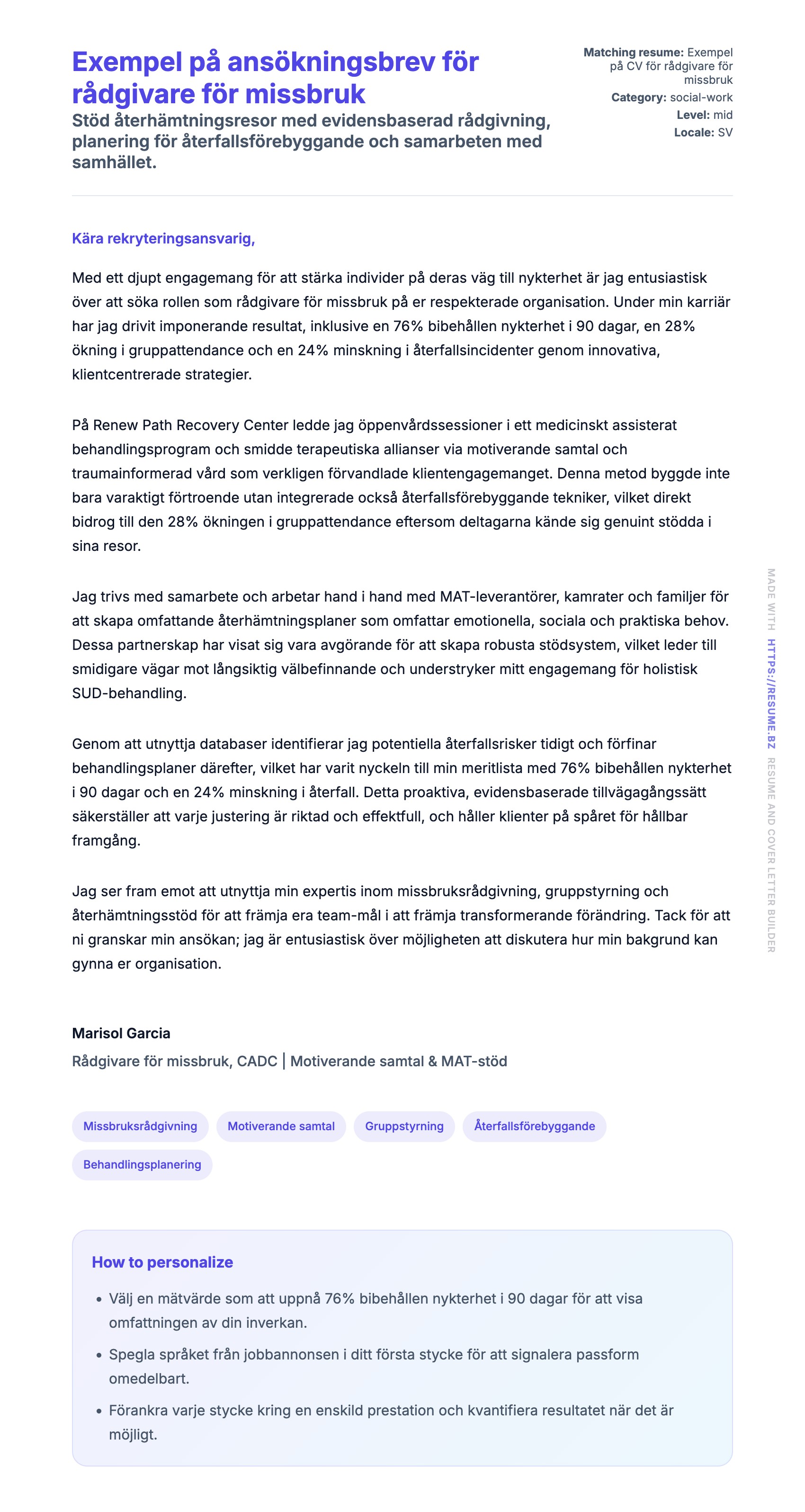 Förhandsgranskning av motivationsbrev för Exempel på ansökningsbrev för rådgivare för missbruk