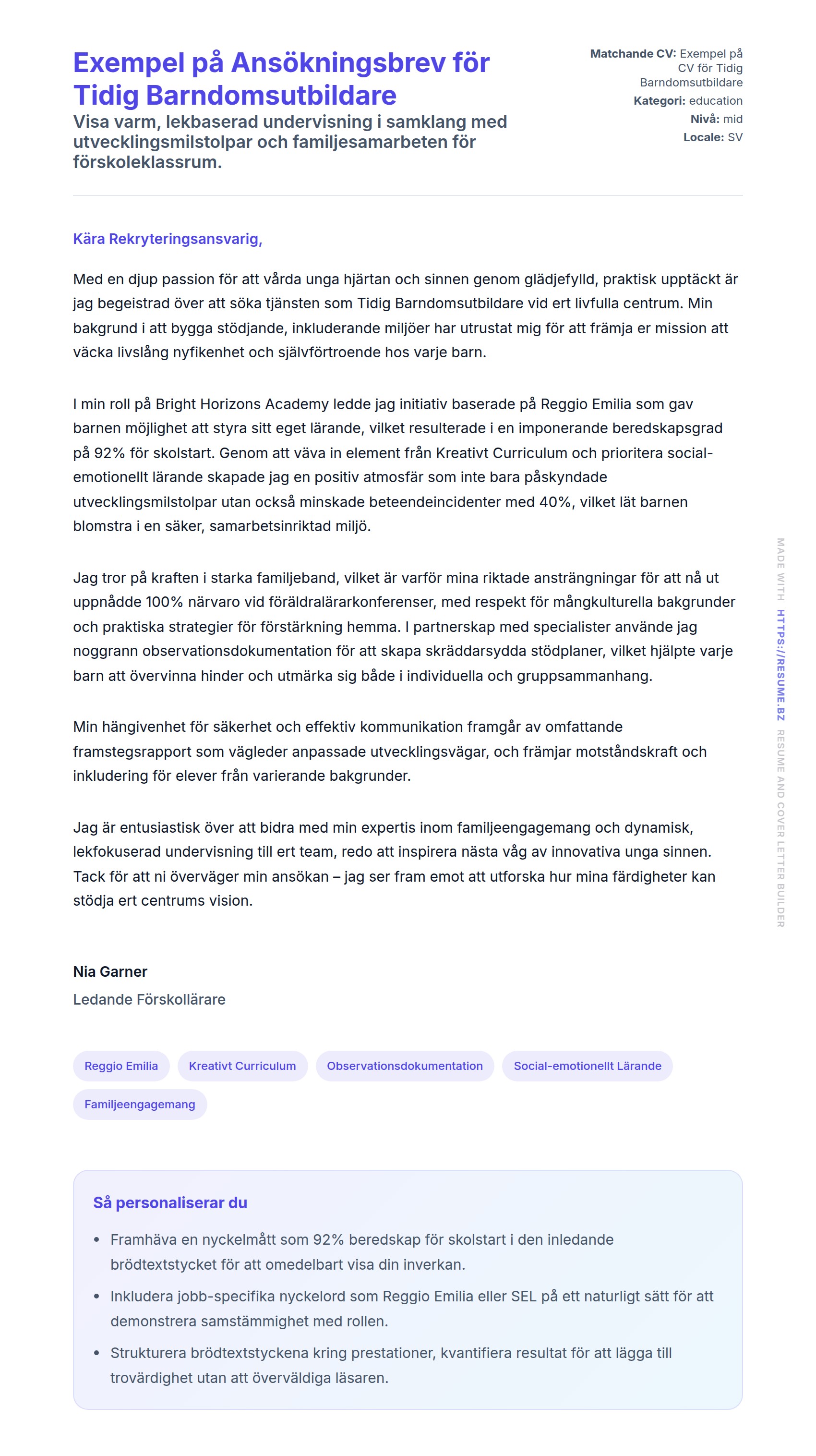 Förhandsgranskning av motivationsbrev för Exempel på Ansökningsbrev för Tidig Barndomsutbildare