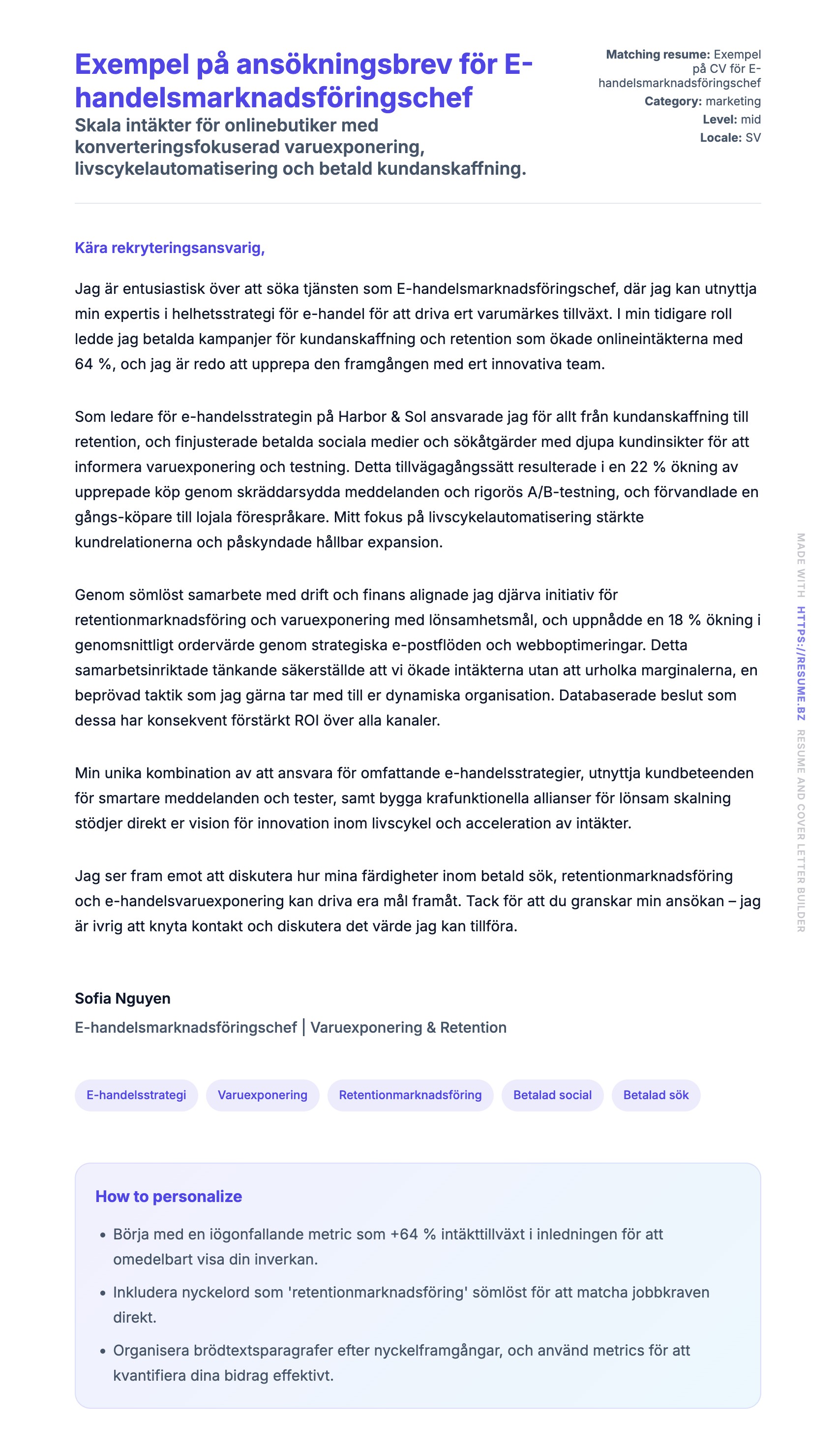 Förhandsgranskning av motivationsbrev för Exempel på ansökningsbrev för E-handelsmarknadsföringschef