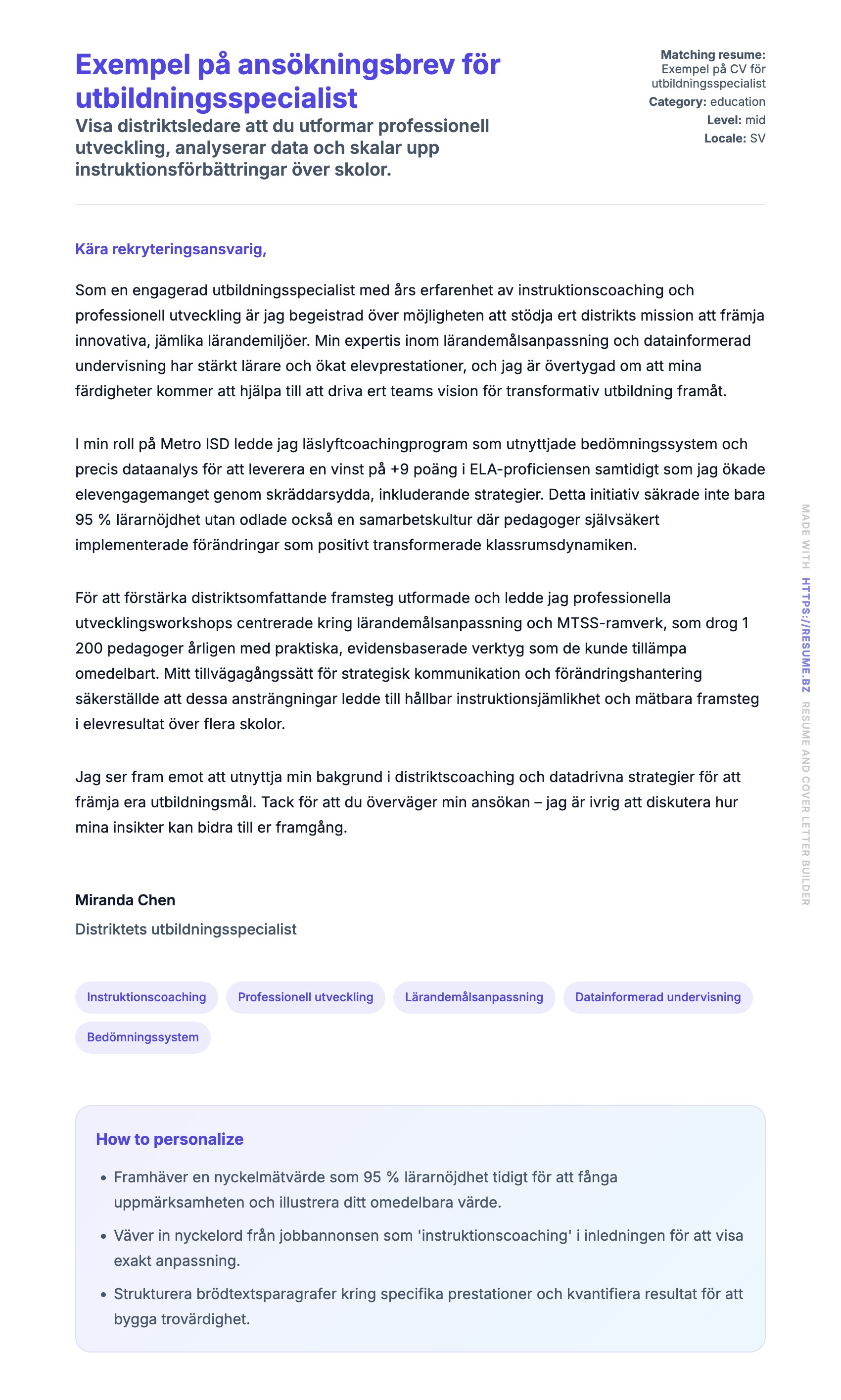Förhandsgranskning av motivationsbrev för Exempel på ansökningsbrev för utbildningsspecialist