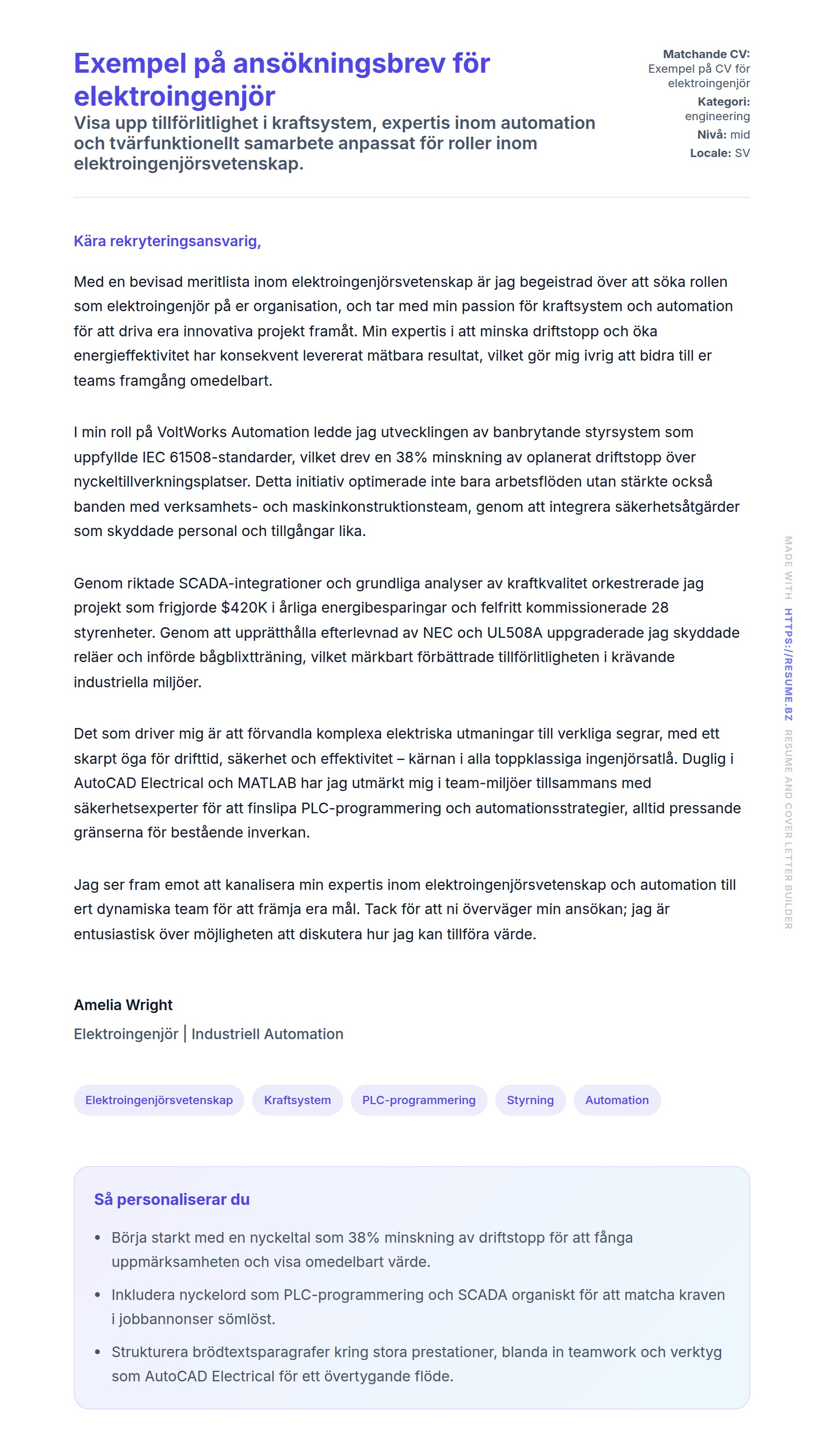 Förhandsgranskning av motivationsbrev för Exempel på ansökningsbrev för elektroingenjör