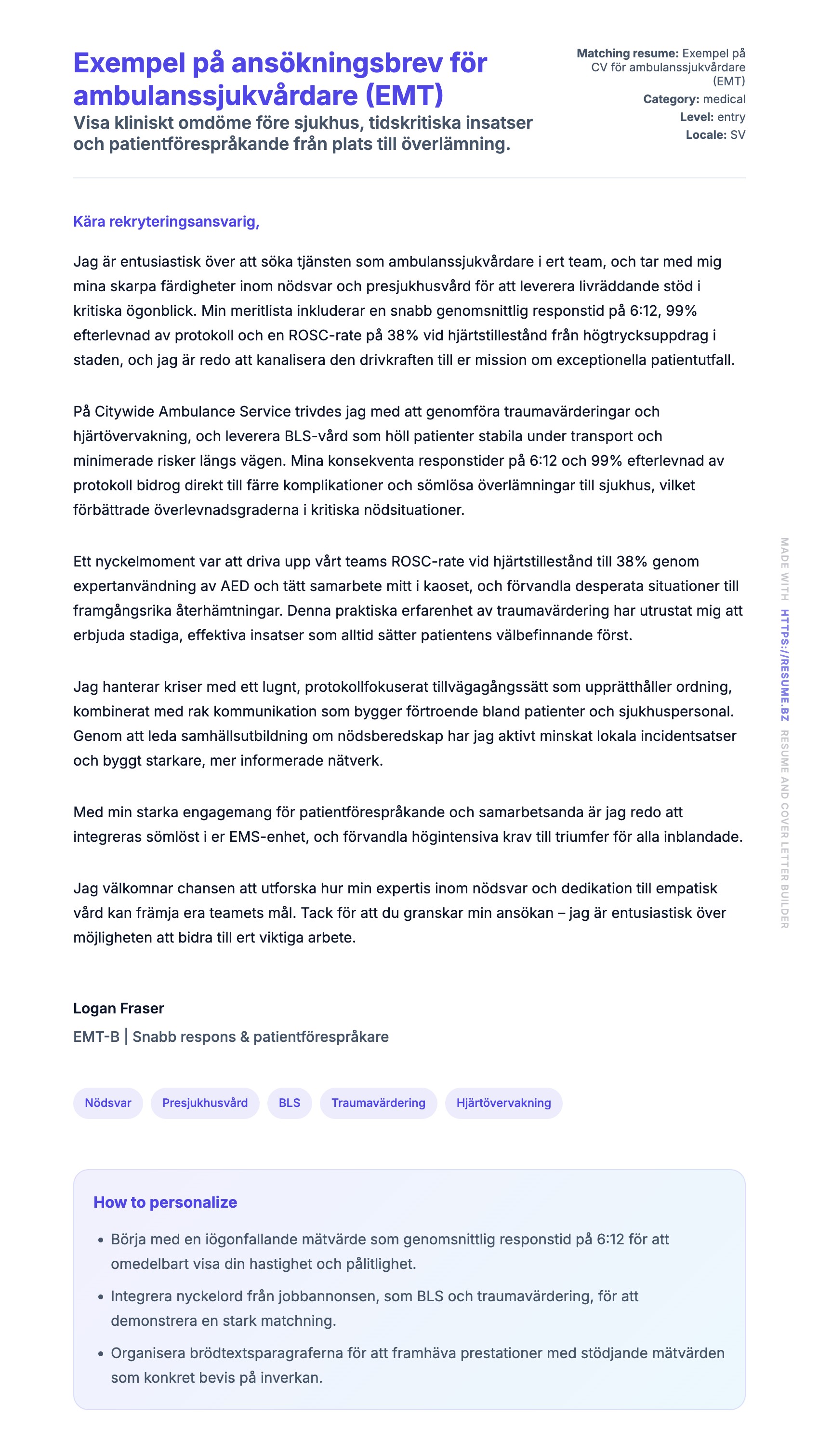 Förhandsgranskning av motivationsbrev för Exempel på ansökningsbrev för ambulanssjukvårdare (EMT)