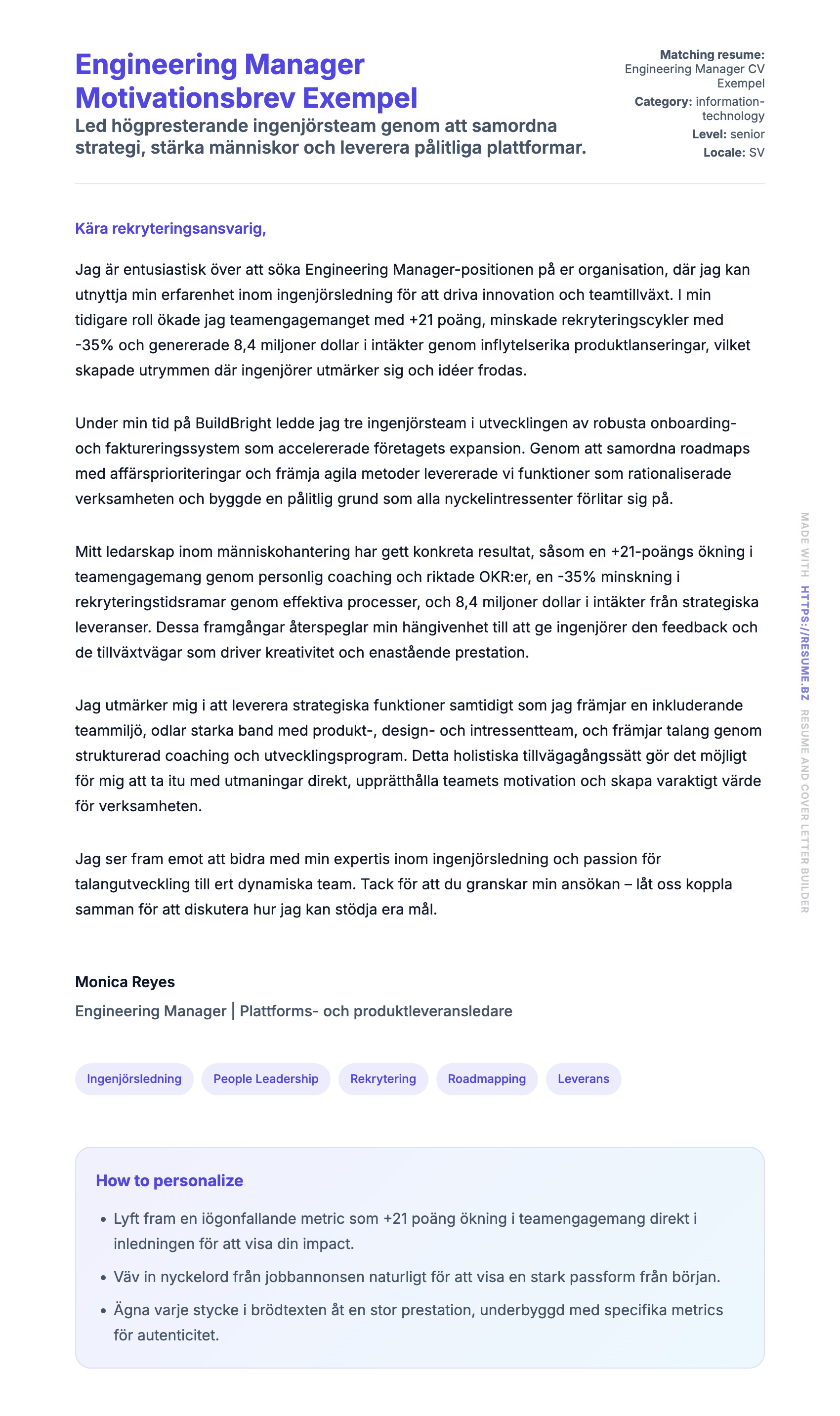 Förhandsgranskning av motivationsbrev för Engineering Manager Motivationsbrev Exempel