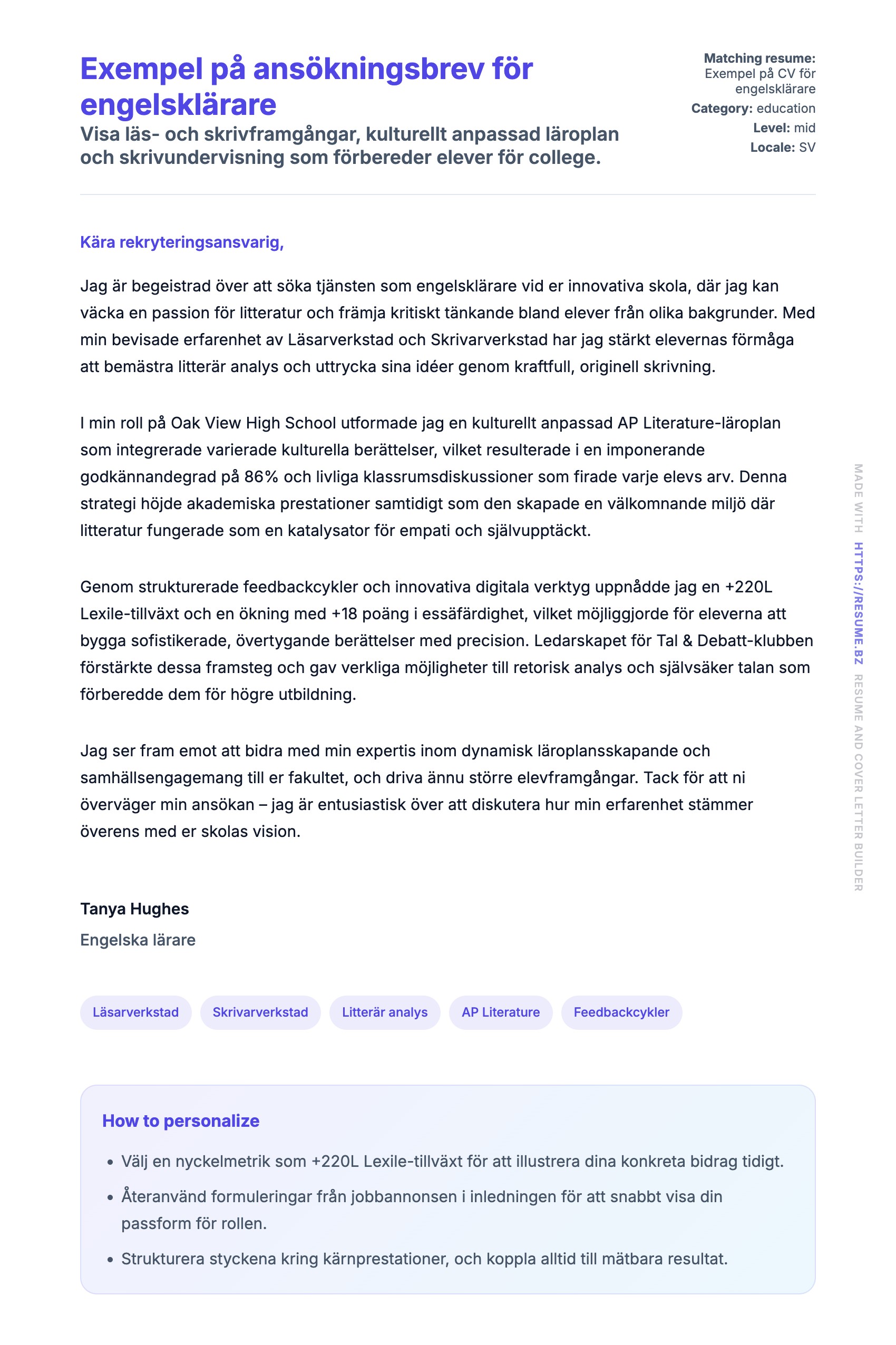 Förhandsgranskning av motivationsbrev för Exempel på ansökningsbrev för engelsklärare
