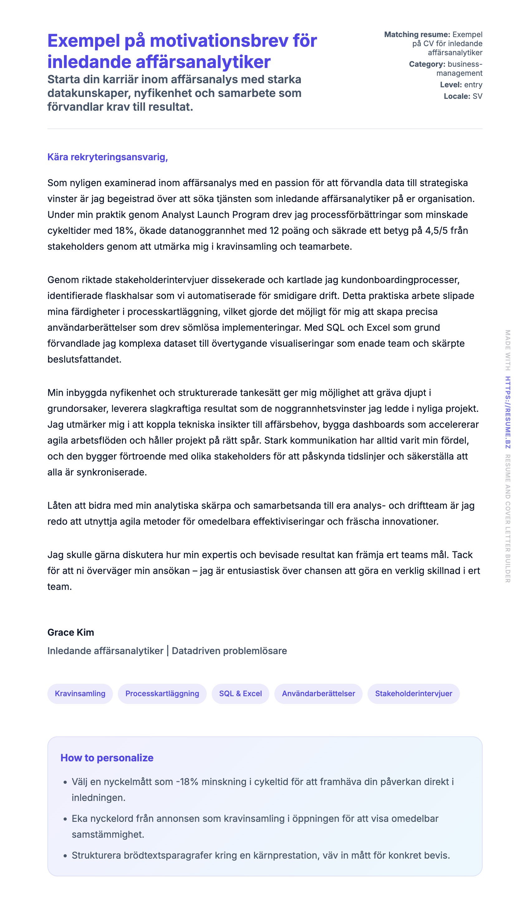 Förhandsgranskning av motivationsbrev för Exempel på motivationsbrev för inledande affärsanalytiker