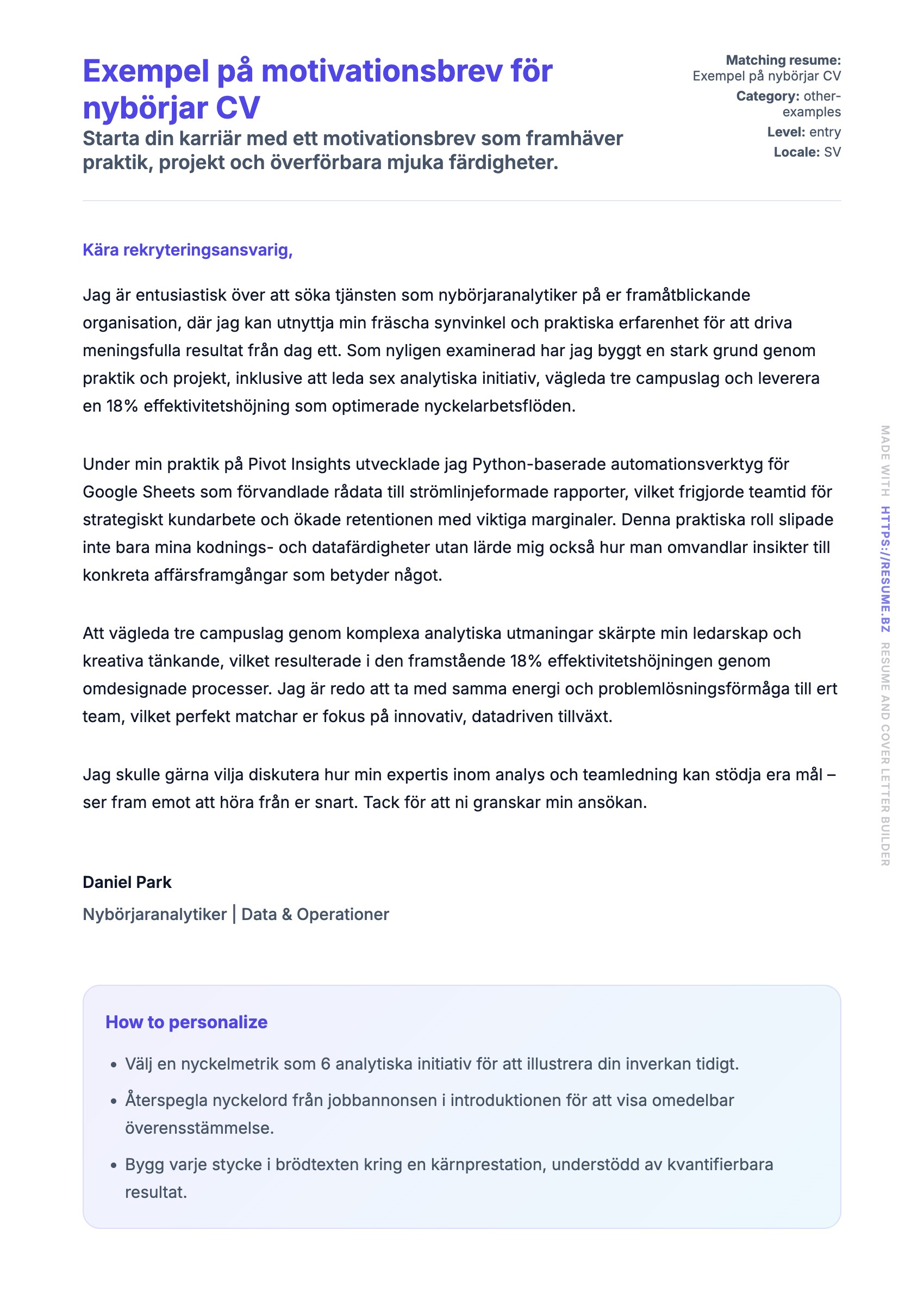 Förhandsgranskning av motivationsbrev för Exempel på motivationsbrev för nybörjar CV