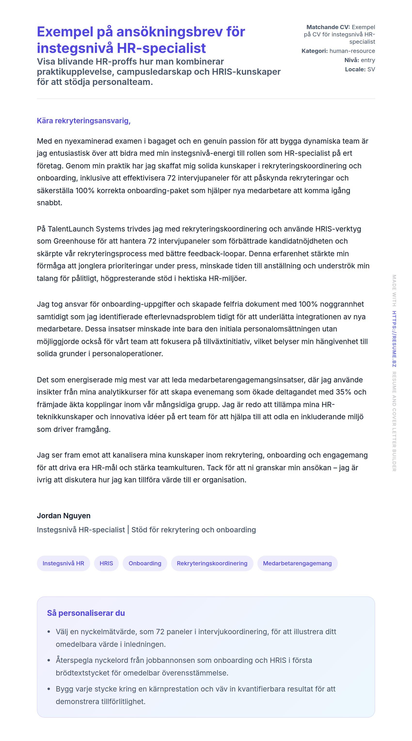 Förhandsgranskning av motivationsbrev för Exempel på ansökningsbrev för instegsnivå HR-specialist
