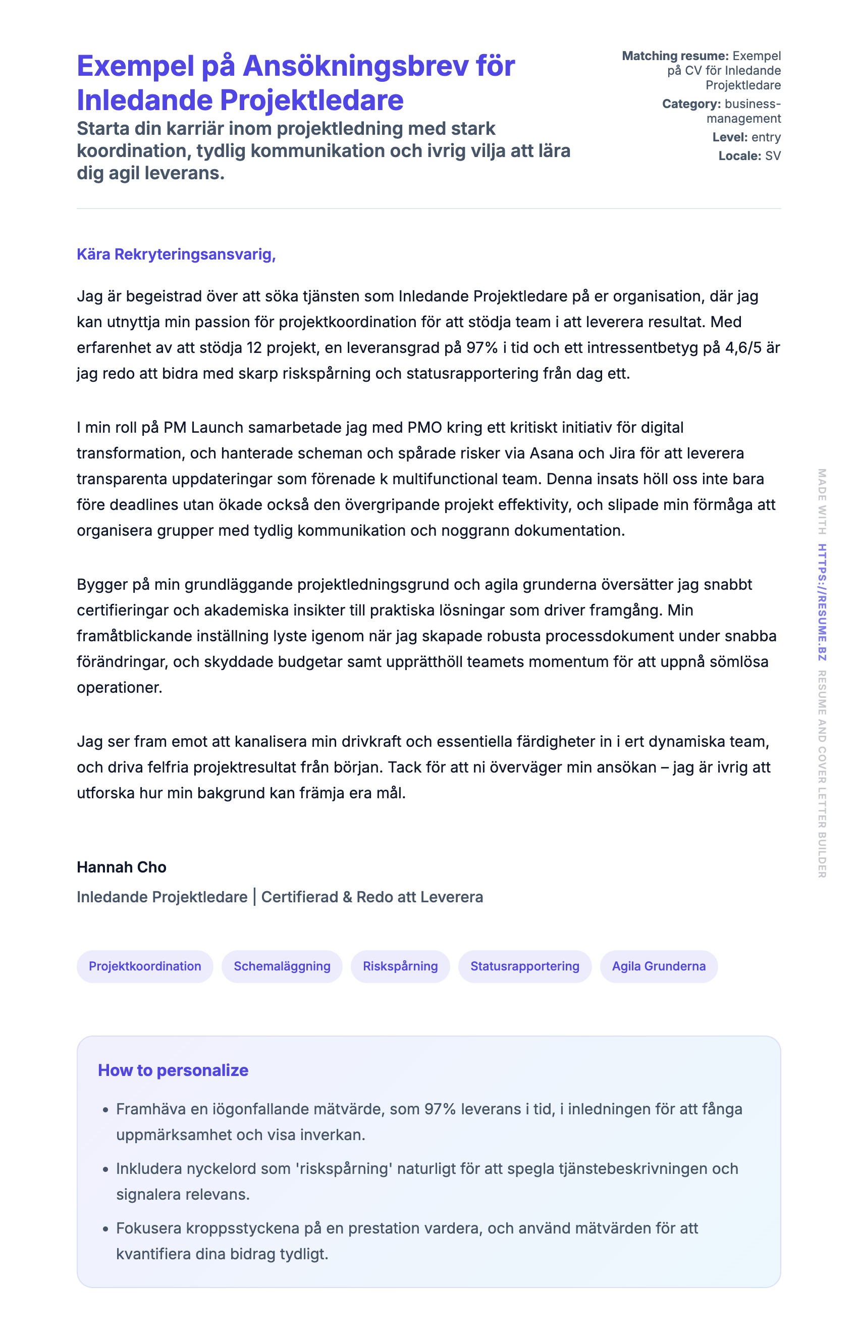 Förhandsgranskning av motivationsbrev för Exempel på Ansökningsbrev för Inledande Projektledare
