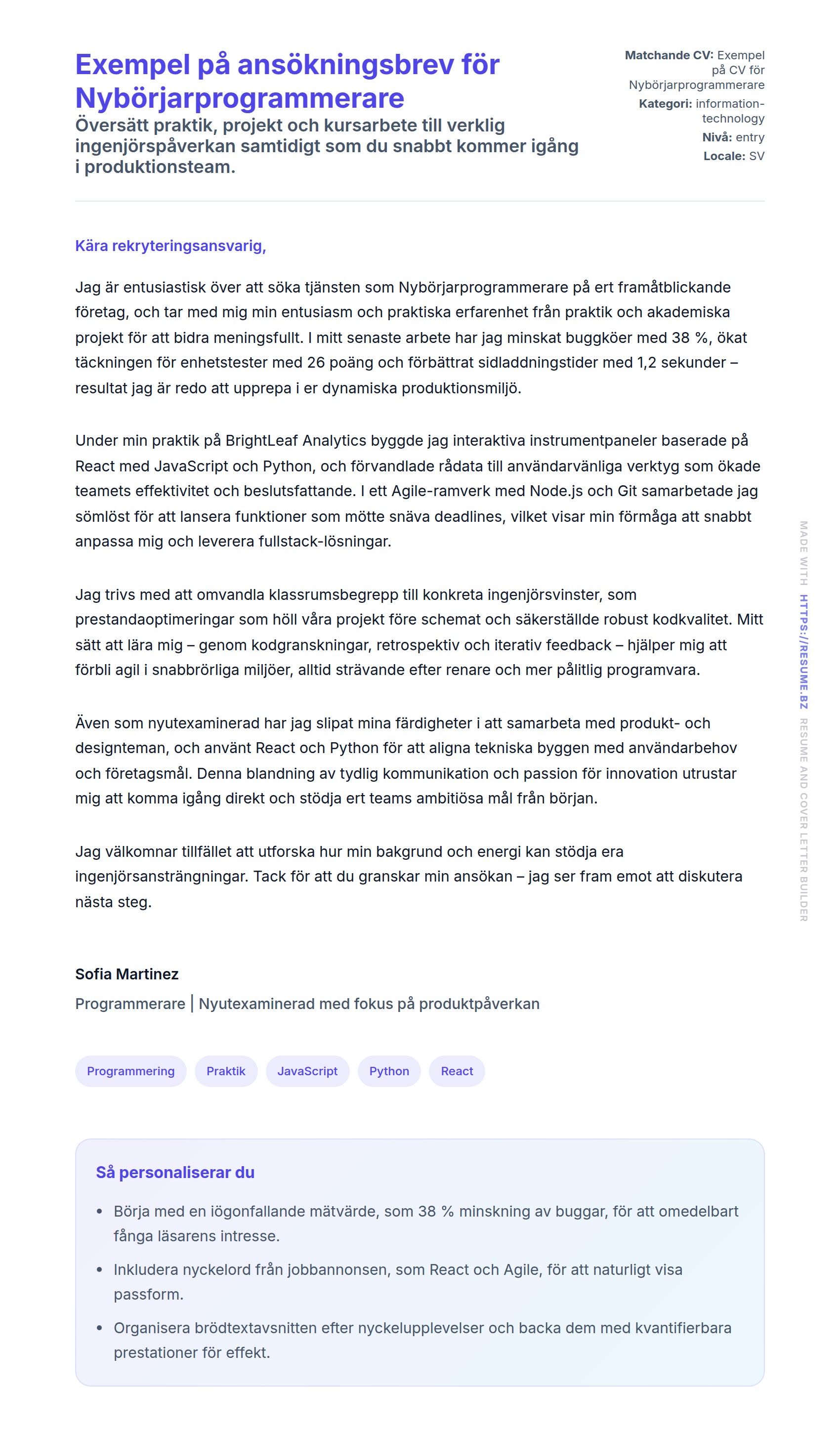Förhandsgranskning av motivationsbrev för Exempel på ansökningsbrev för Nybörjarprogrammerare