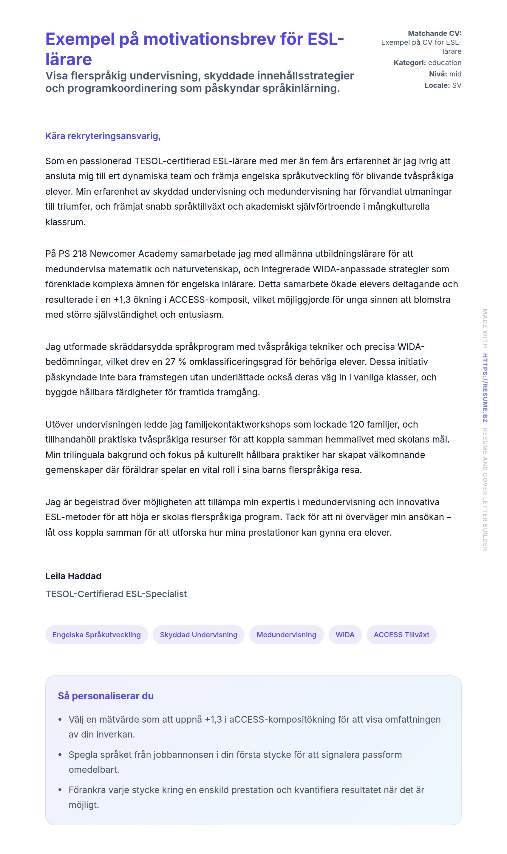 Förhandsgranskning av motivationsbrev för Exempel på motivationsbrev för ESL-lärare