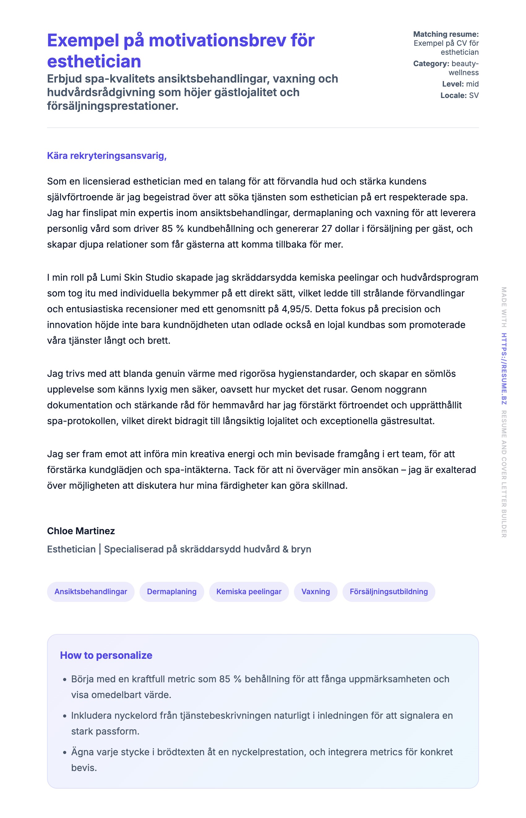 Förhandsgranskning av motivationsbrev för Exempel på motivationsbrev för esthetician