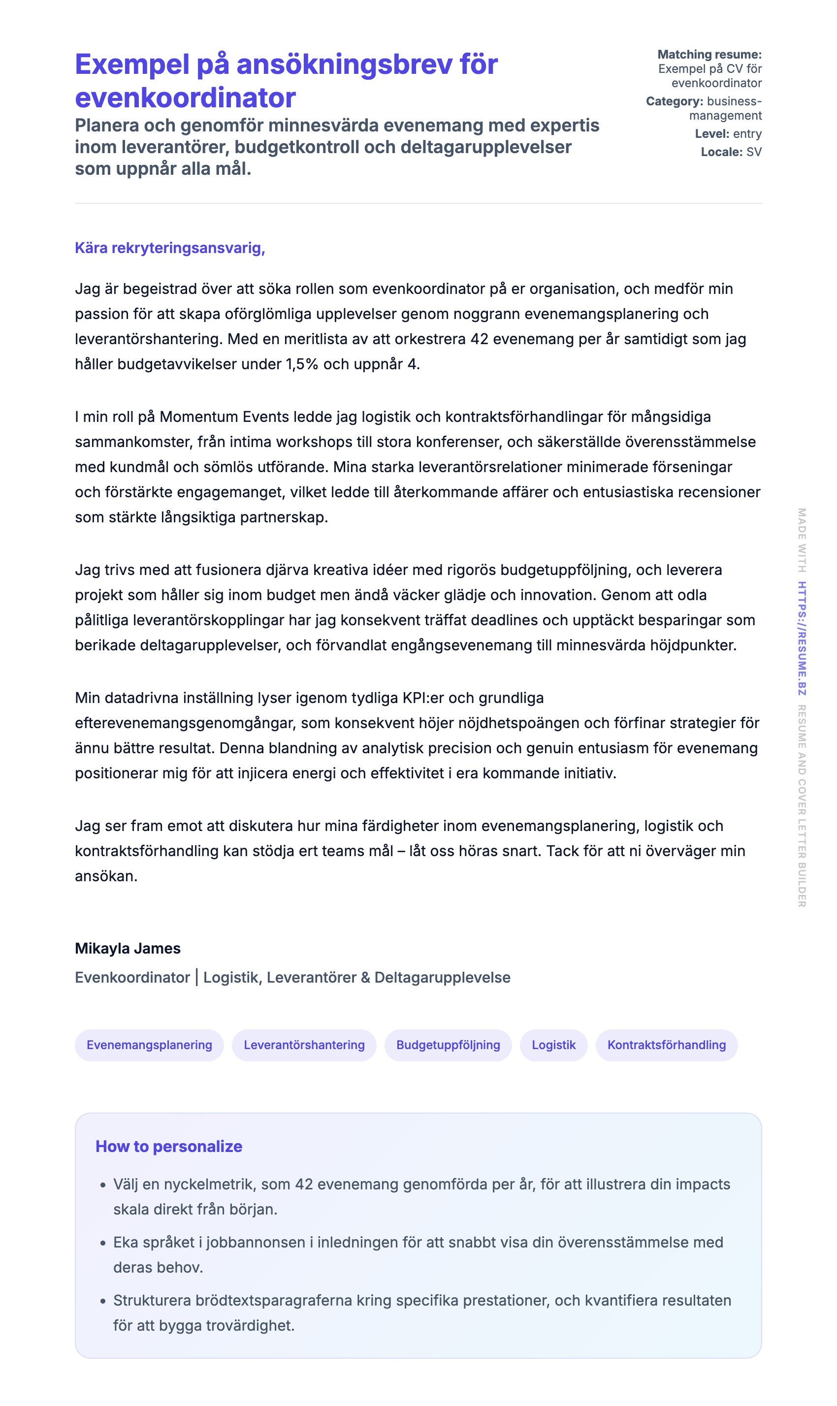 Förhandsgranskning av motivationsbrev för Exempel på ansökningsbrev för evenkoordinator