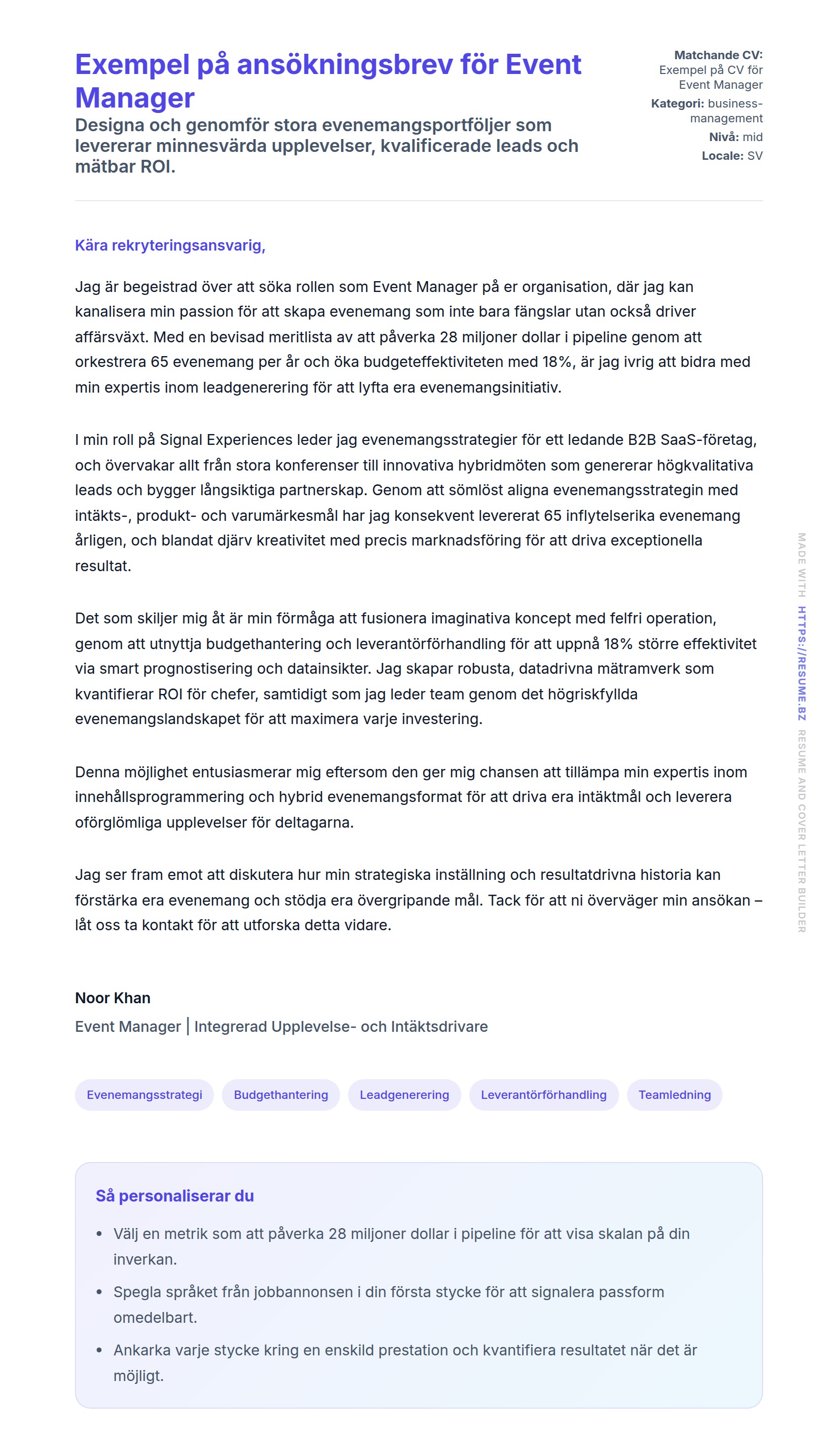 Förhandsgranskning av motivationsbrev för Exempel på ansökningsbrev för Event Manager