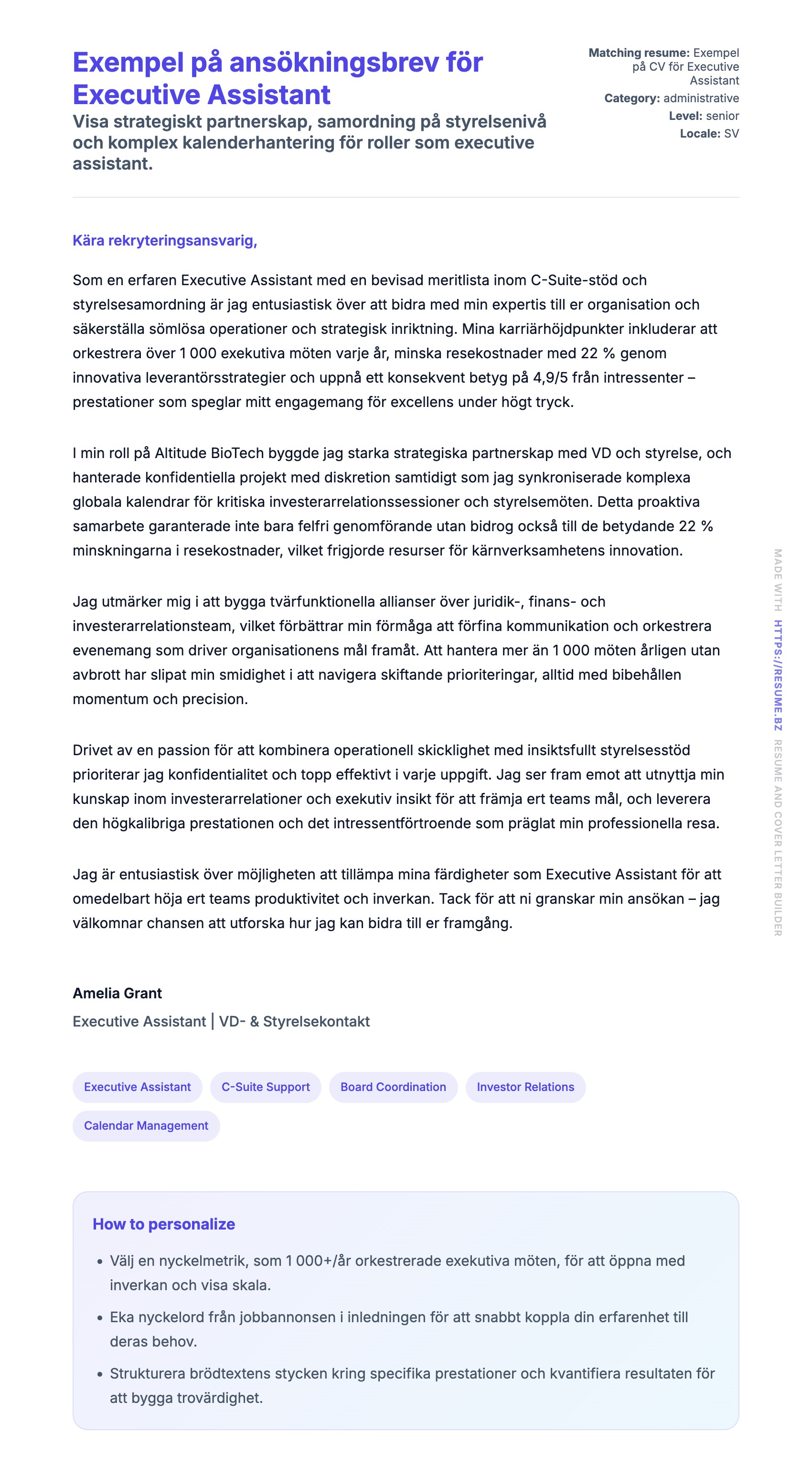 Förhandsgranskning av motivationsbrev för Exempel på ansökningsbrev för Executive Assistant