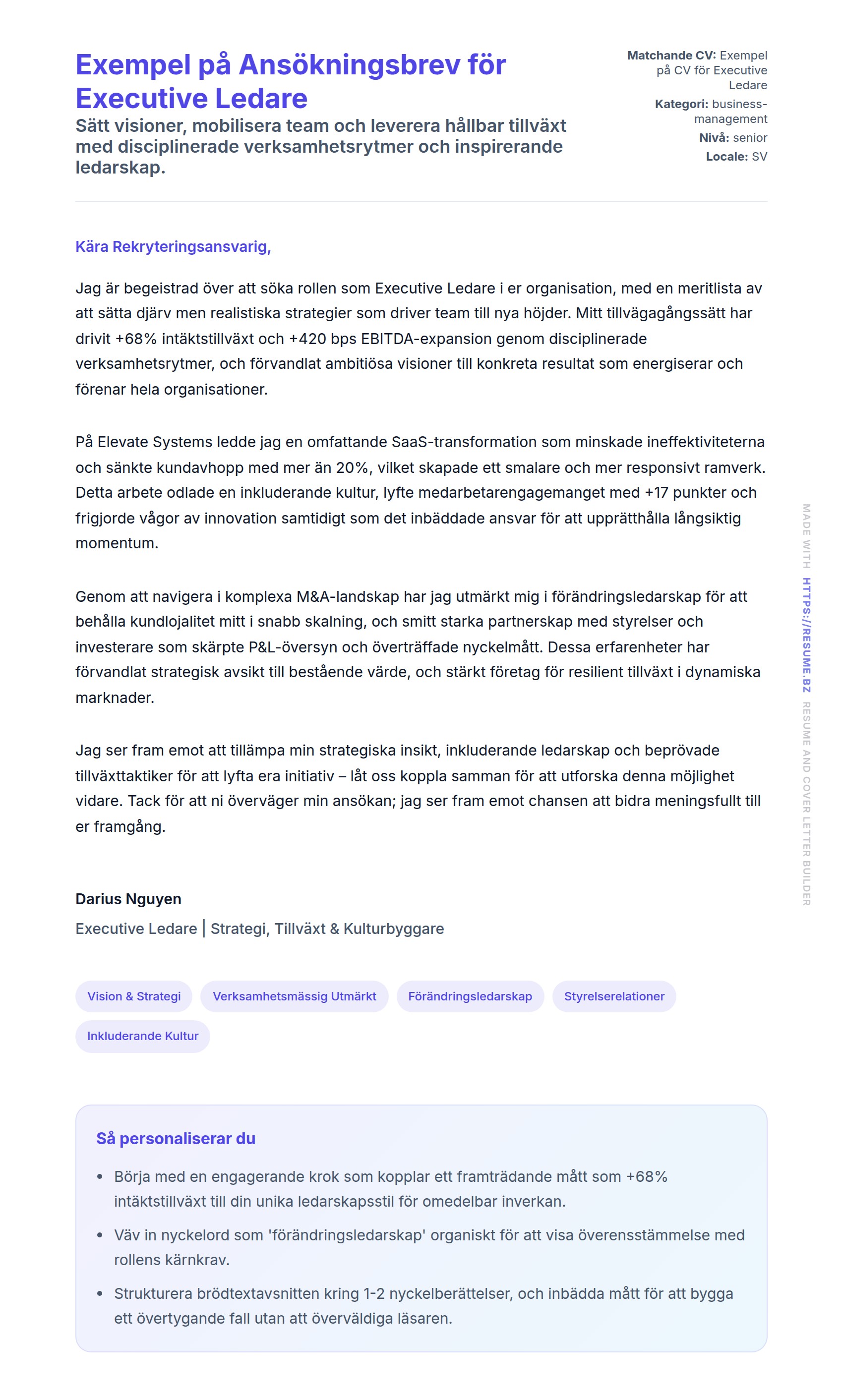 Förhandsgranskning av motivationsbrev för Exempel på Ansökningsbrev för Executive Ledare